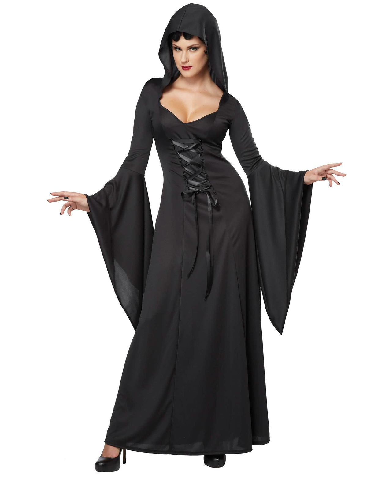 Černý kostým čarodějnice pro ženu halloween s kapucí a šněrováním