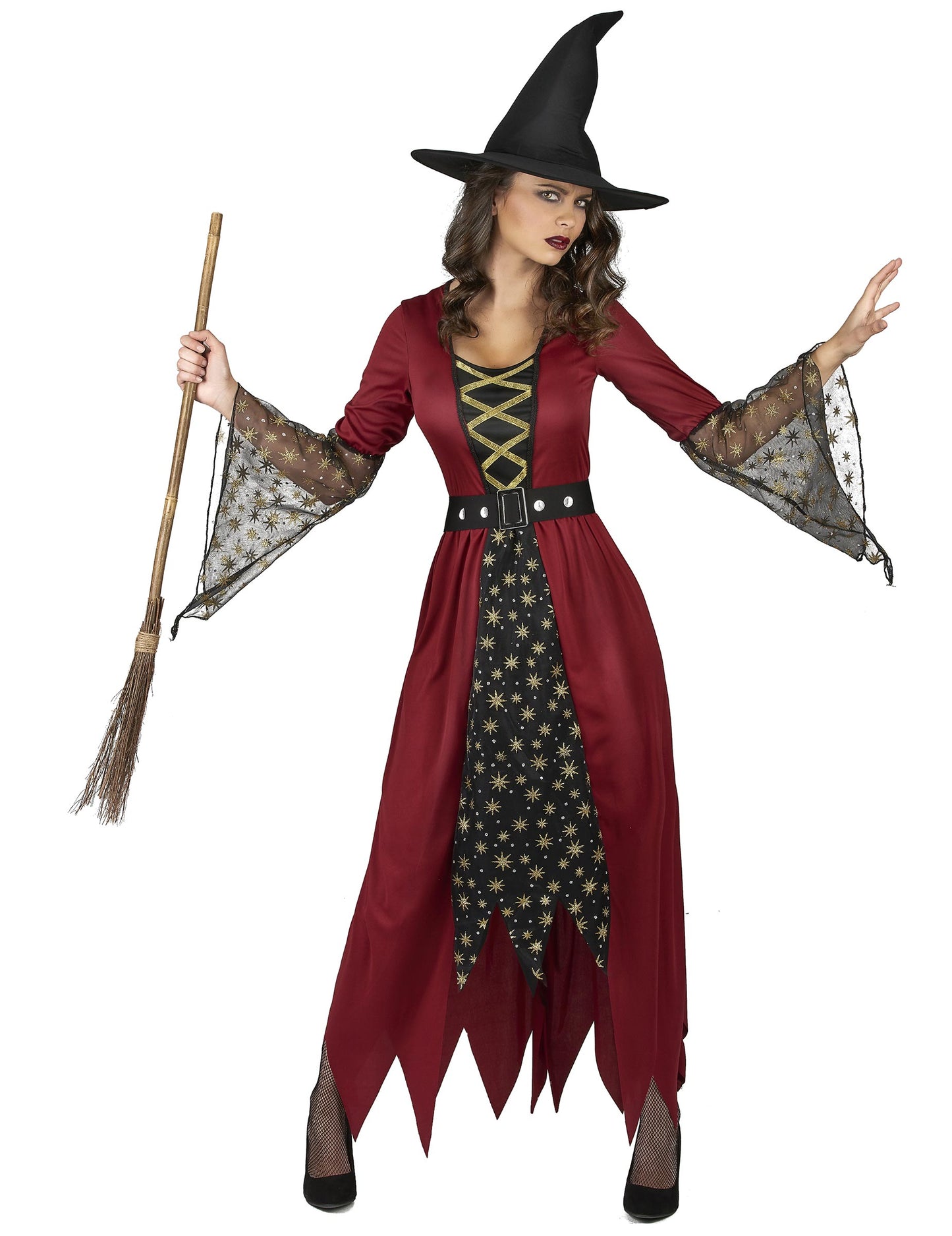 Dámský kostým čarodějnice v červené a zlaté barvě