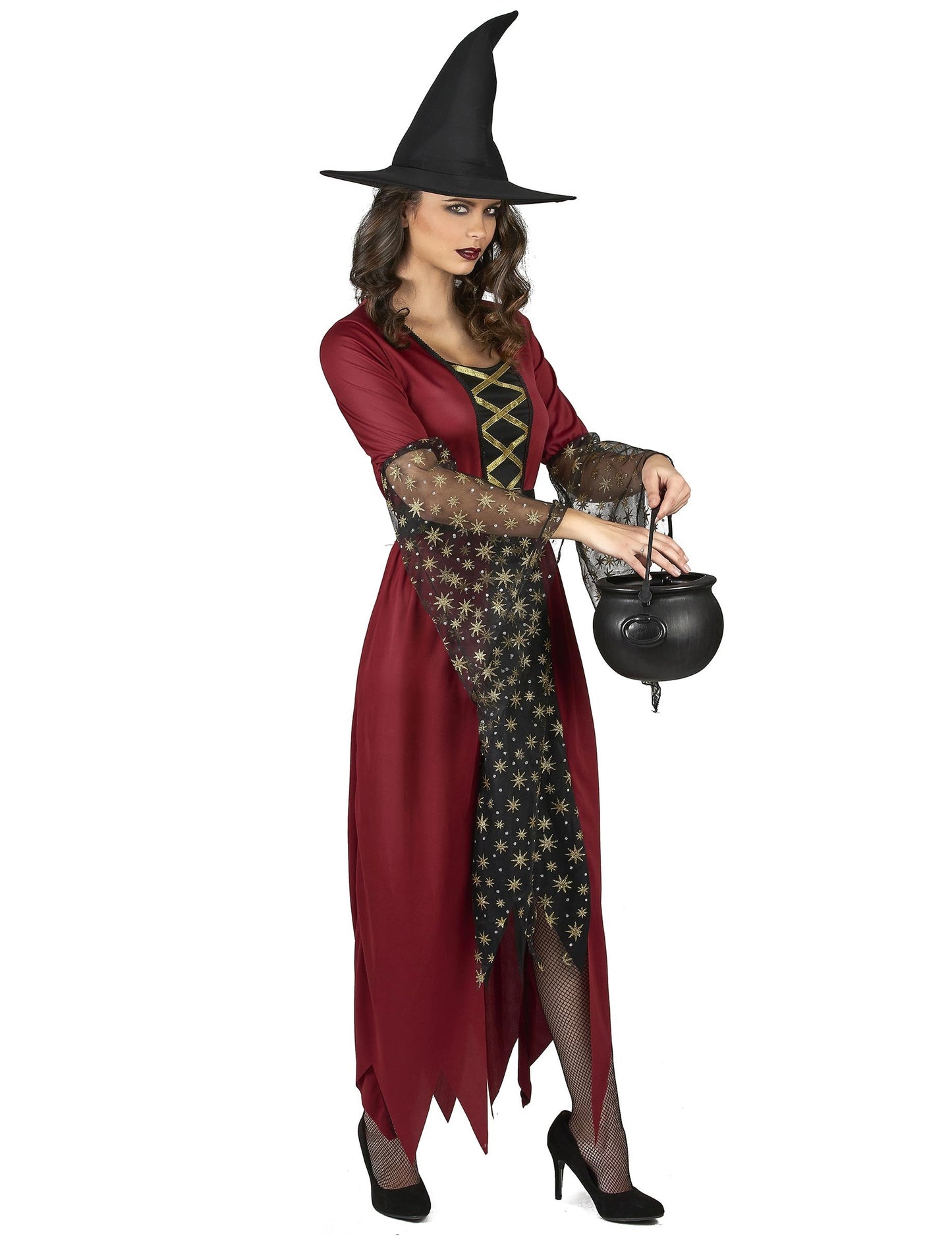 Dámský kostým čarodějnice v červené a zlaté barvě