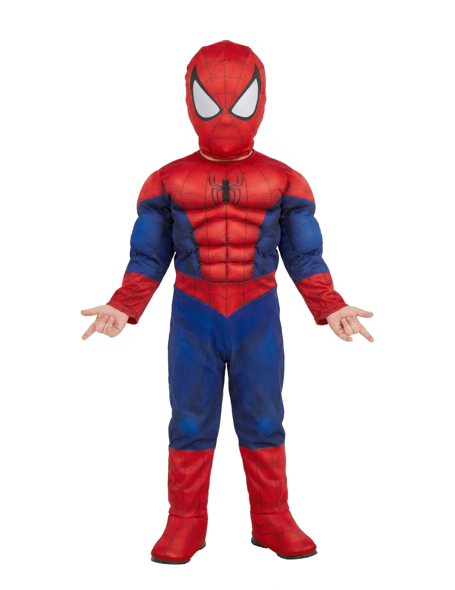 Vue de face avec masque du déguisement Spiderman™ musclé luxe pour enfant