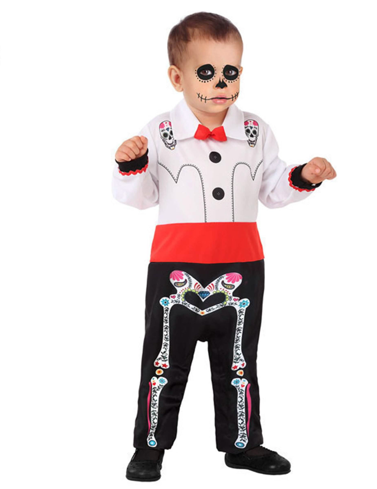 Kostým kostry Dia de los muertos pro miminko černá a bílá s červená mašlí motýlka