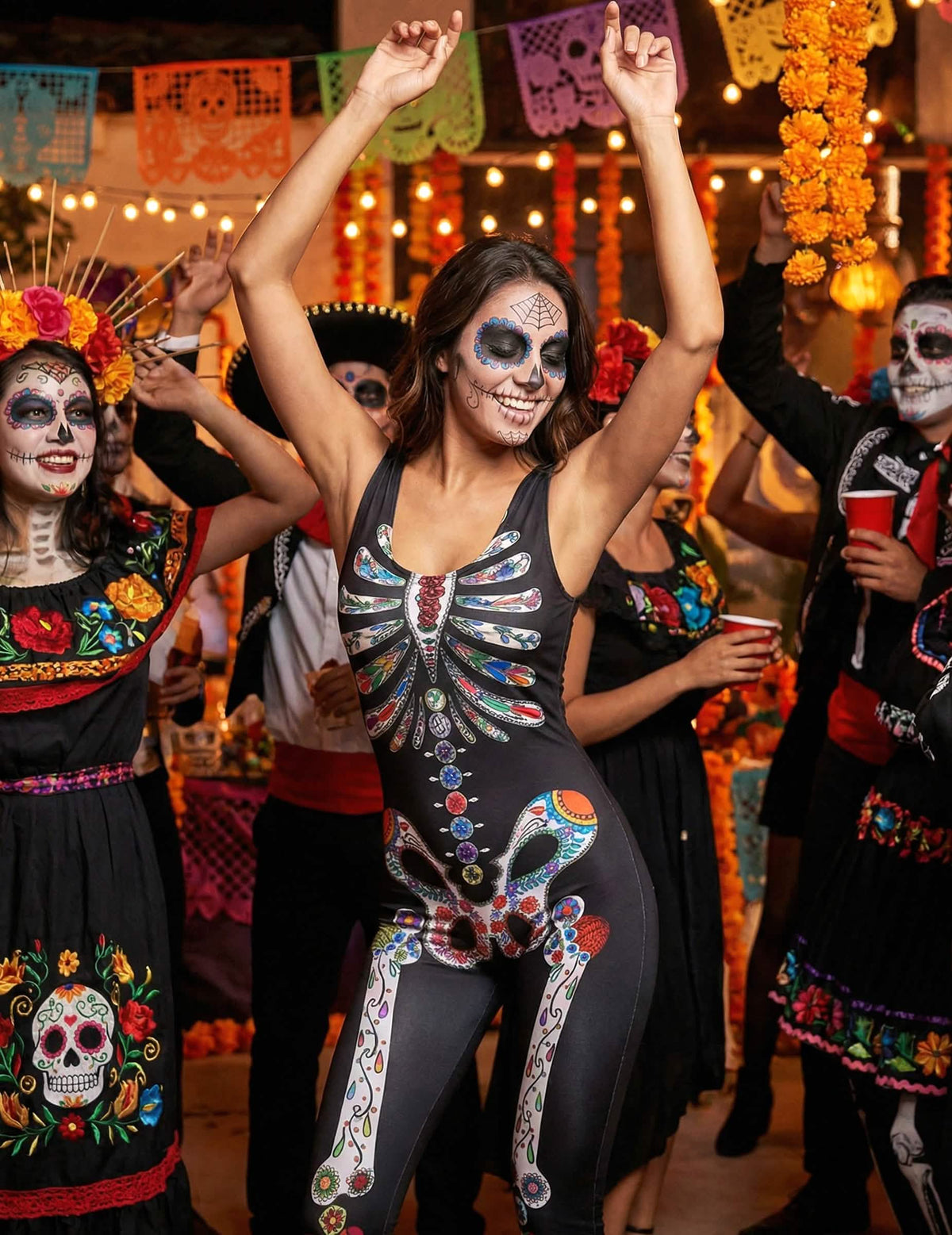 Sváteční zasazení kostýmu skelettu Dia de los muertos
