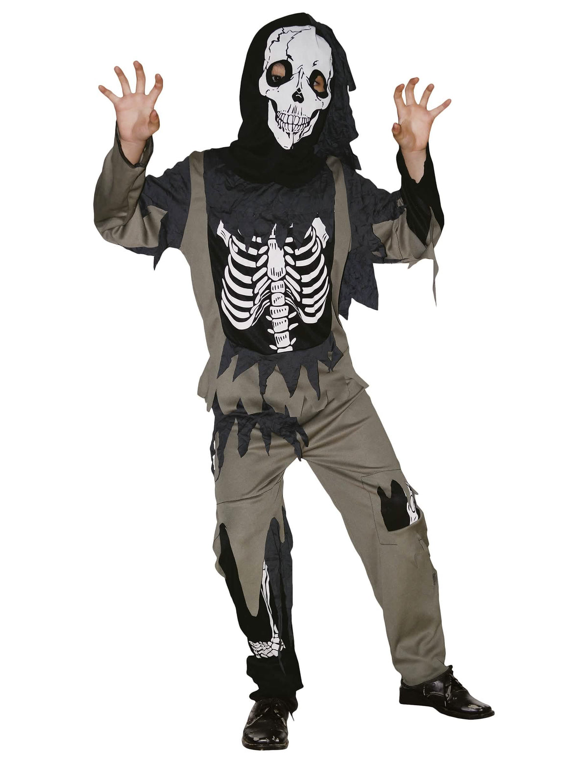 Kostým zombie kostlivce pro dítě šedá a černá s kuklou maskou