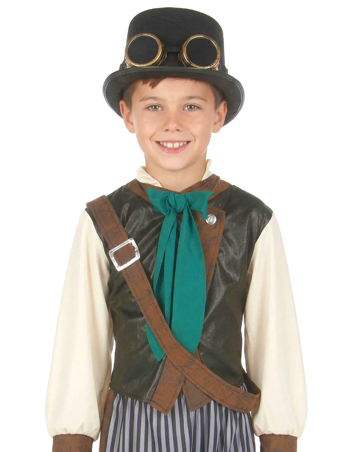 Detail na vestu a klobouk steampunkového dandyho kostýmu pro dítě