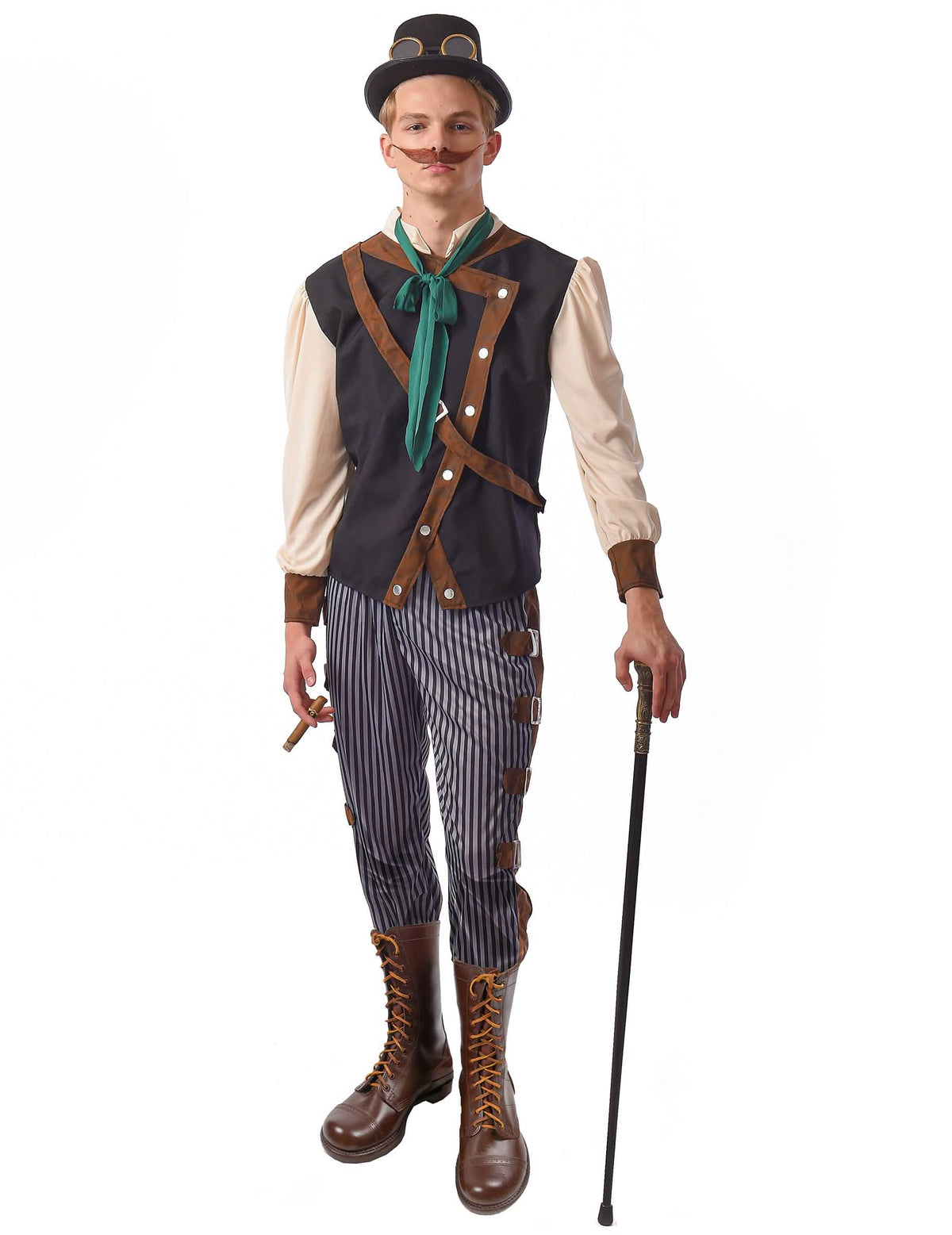 Steampunk dandy kostým pro muže hnědá a černá s vestou a pruhovanými kalhotami