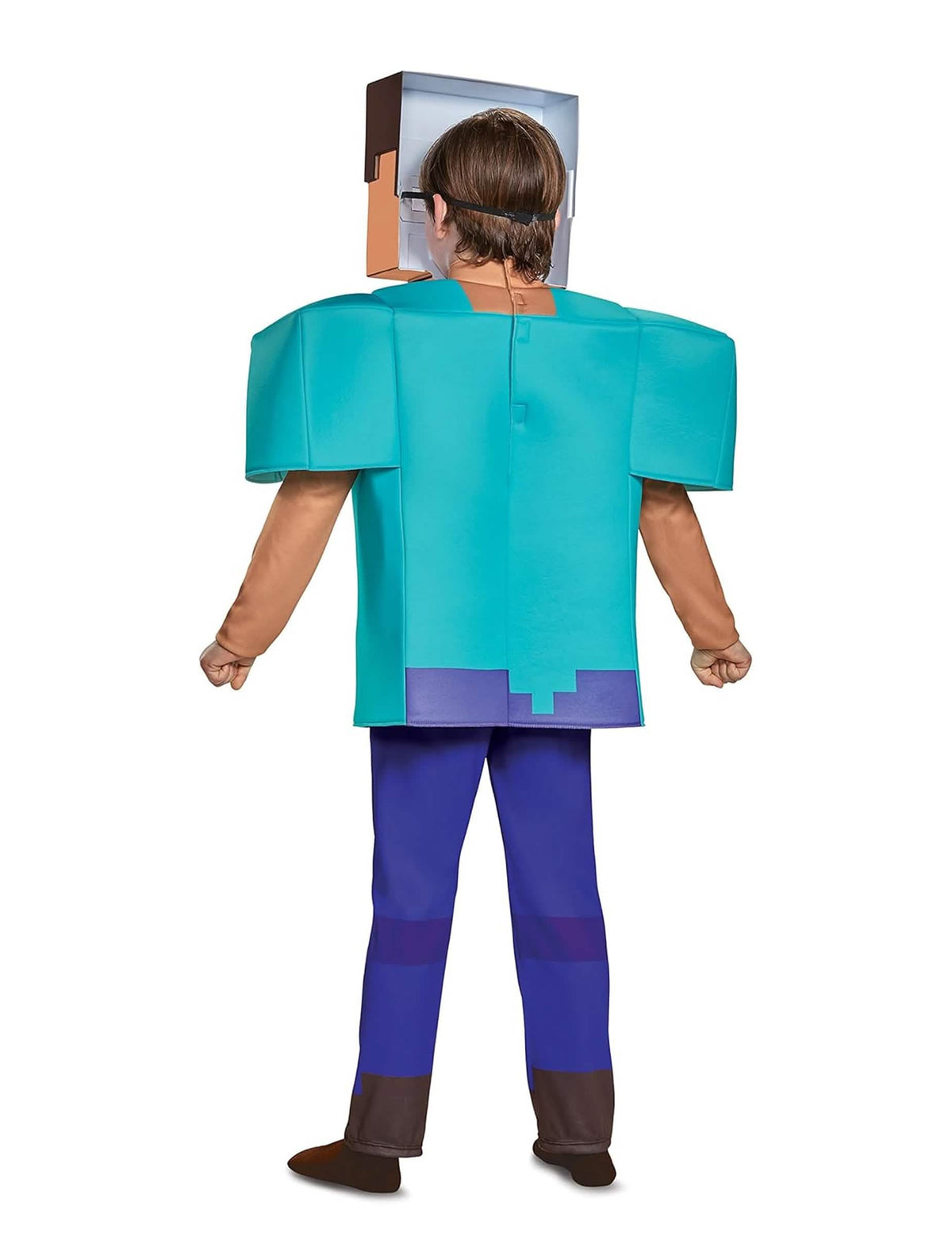 Pohled zezadu na klasický kostým Steve z Minecraftu