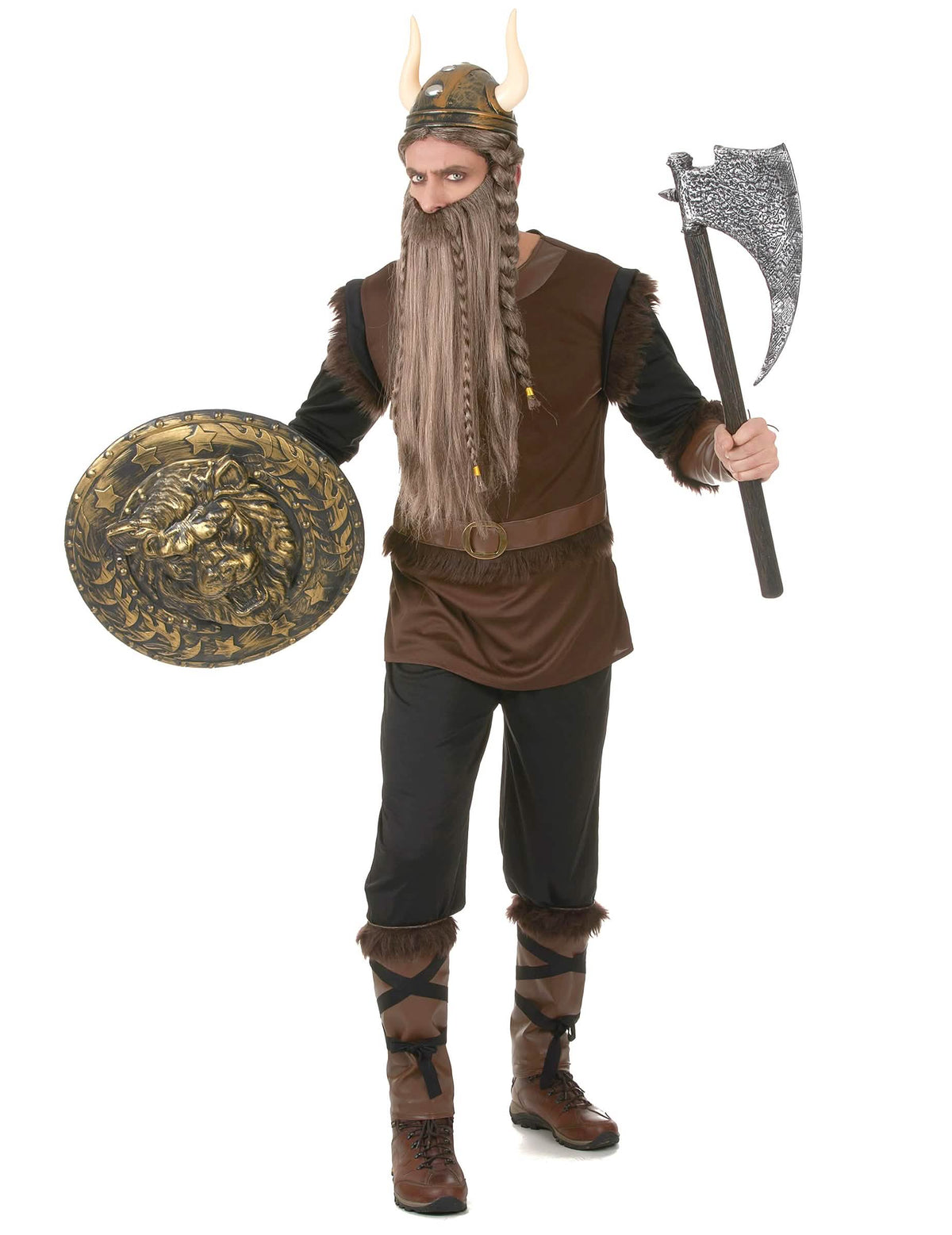 Pohled zepředu s sekerou a štítem vikingského kostýmu s efektem kůže