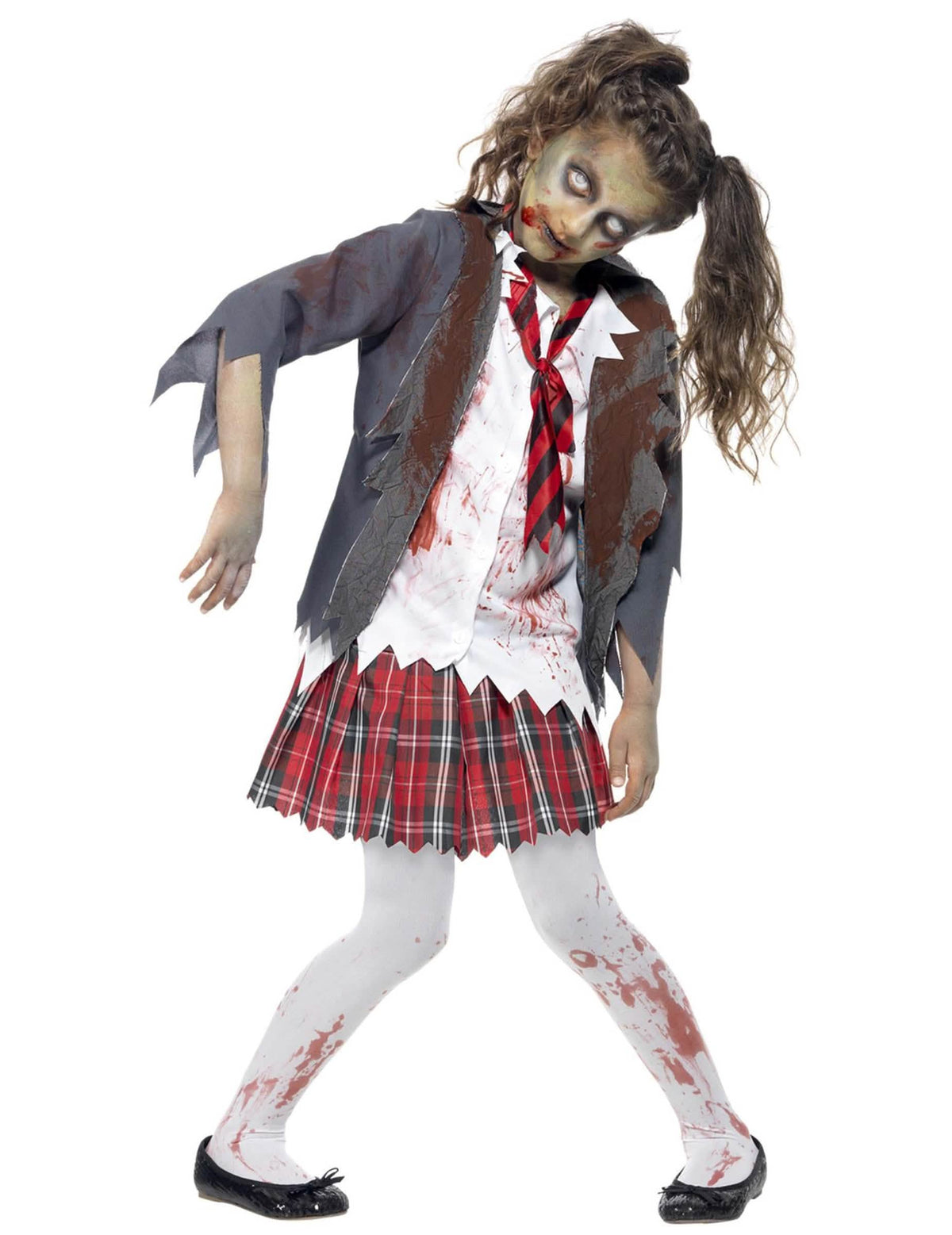 Pohled zepředu na kostým zombie školačky