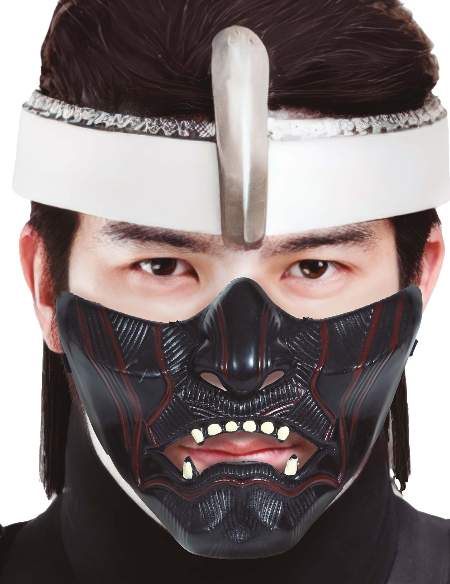 Demi masque guerrier ninja pour adulte noir avec détails rouges et dents blanches