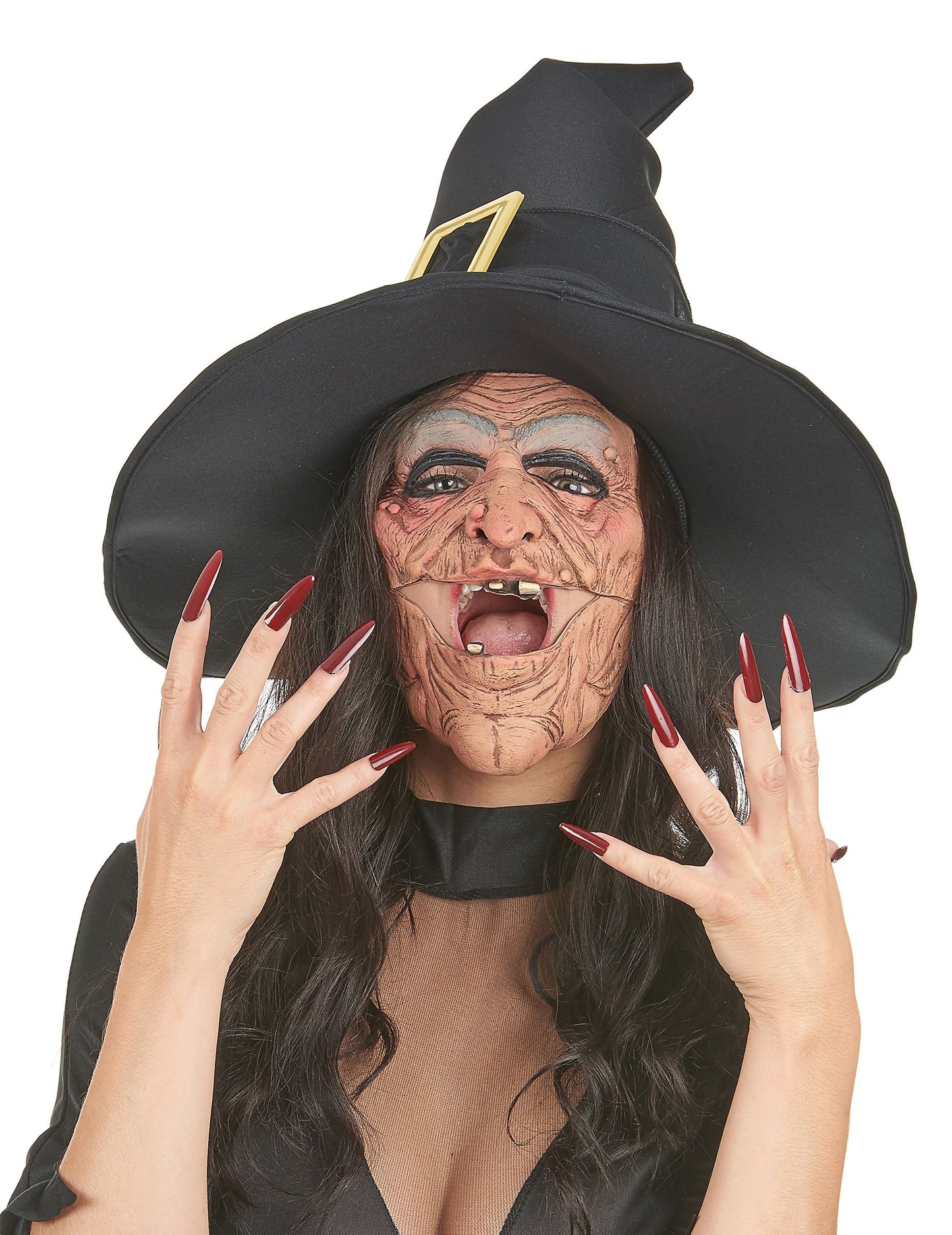 Vue de face avec chapeau du demi masque latex nez et menton sorcière