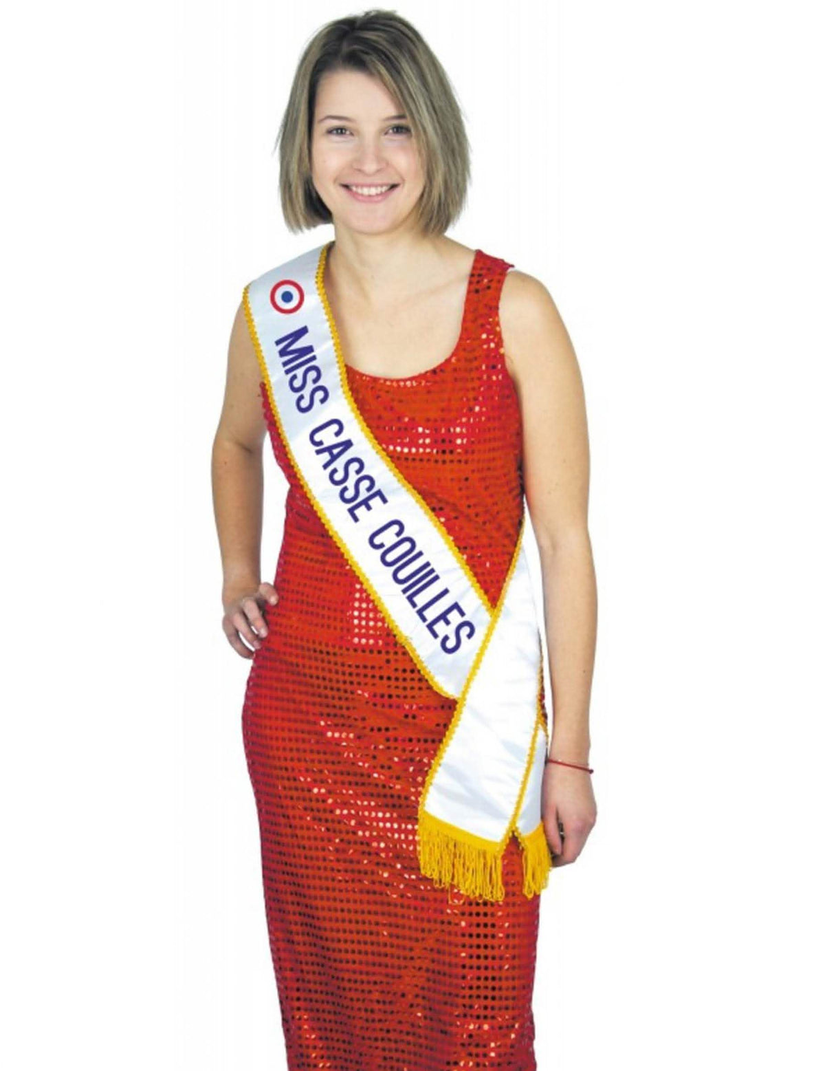 Humorné šerpa miss casse-couilles pro dospělý bílá se žlutá lemováním a kokardou