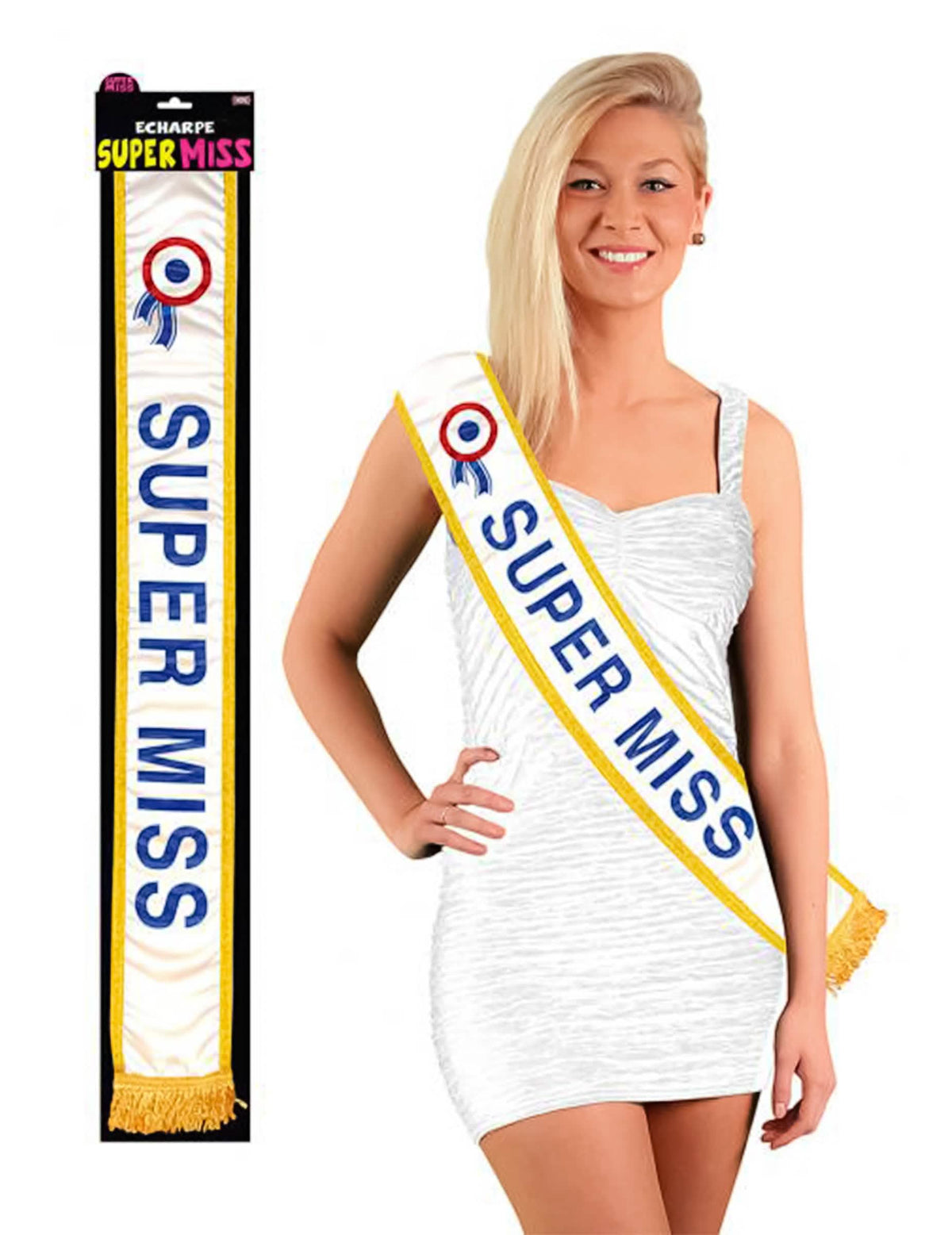Šerpa Super miss pro bílou ženu se zlatým lemováním a trikolorní kokardou