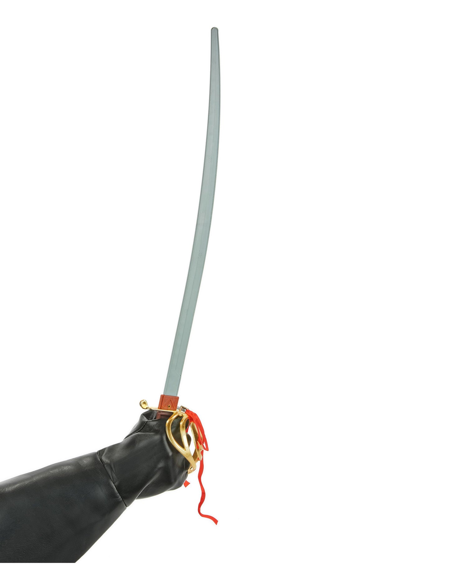 Detailní záběr na zlatou rukojeť a čepel plastového meče spravedlnosti