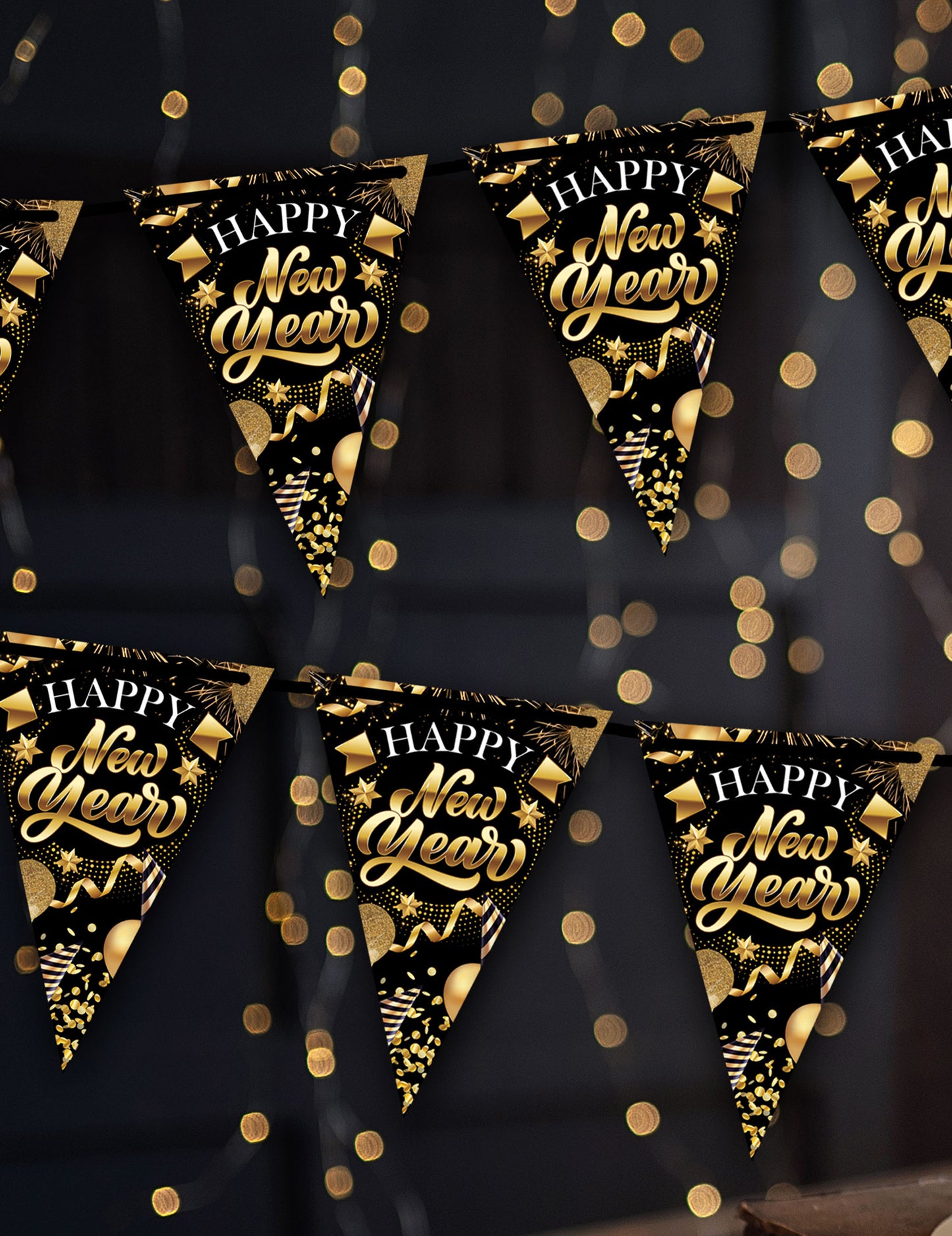 Šťastný nový rok kartonová vlaječková girlanda černá a zlatá 3m