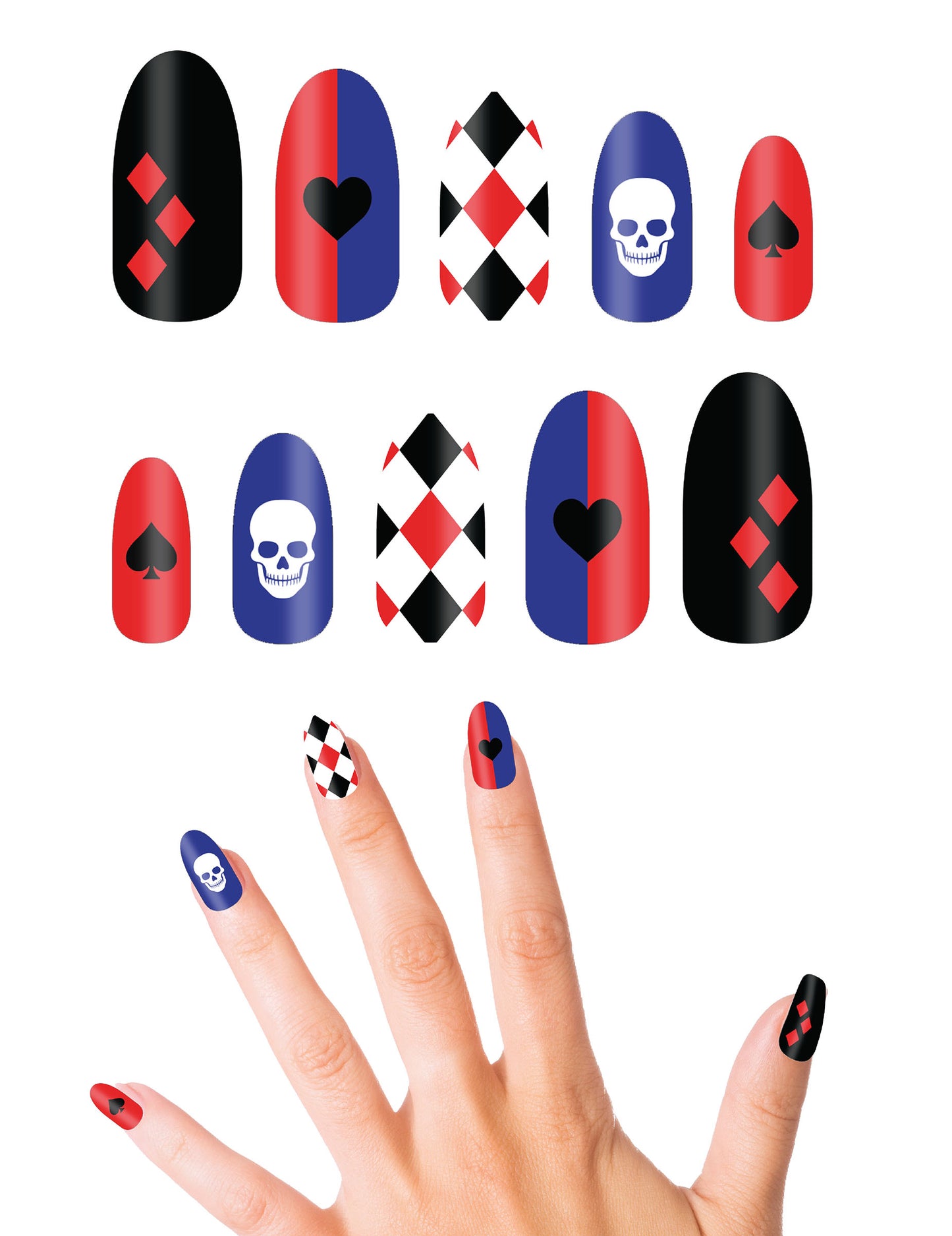 Umělé nehty s motivem zlého harlekýna s lepidlem