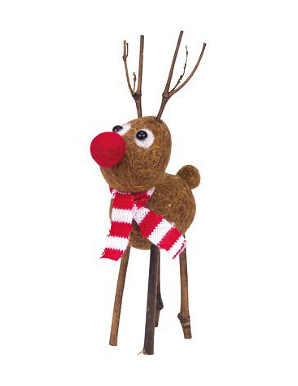 Figurka z plstěné vlny sob Rudolph na dekoraci hnědá s červeným nosem a pruhovanou šálou