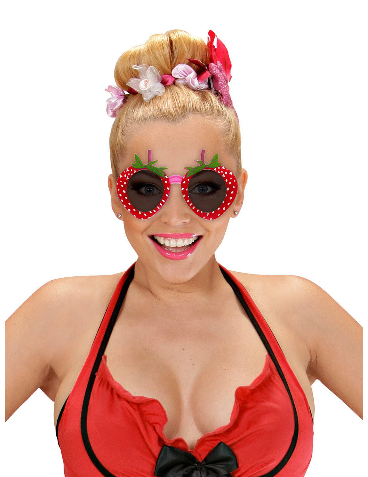 Lunettes fraise pour adulte rouges à pois blancs