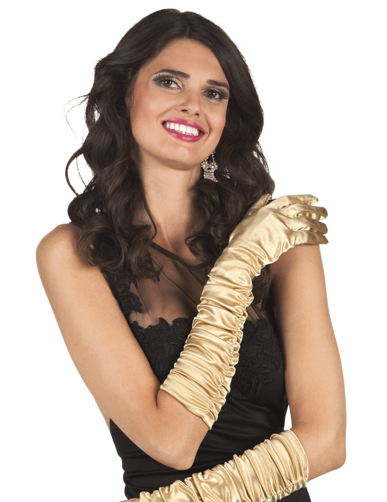 Dámské dlouhé saténové rukavice zlaté barvy