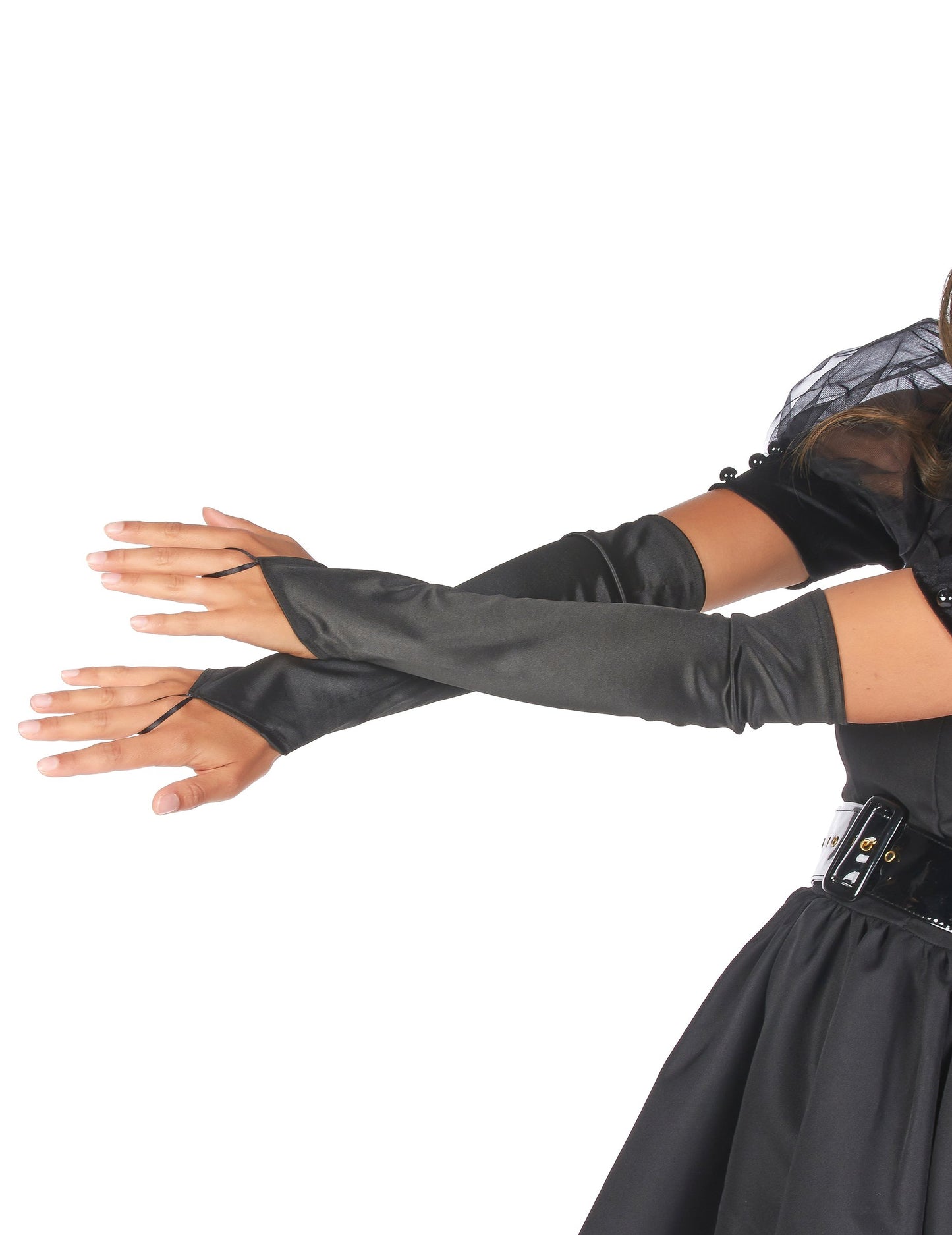 Dlouhé černé saténové rukavice bez prstů pro dospělé