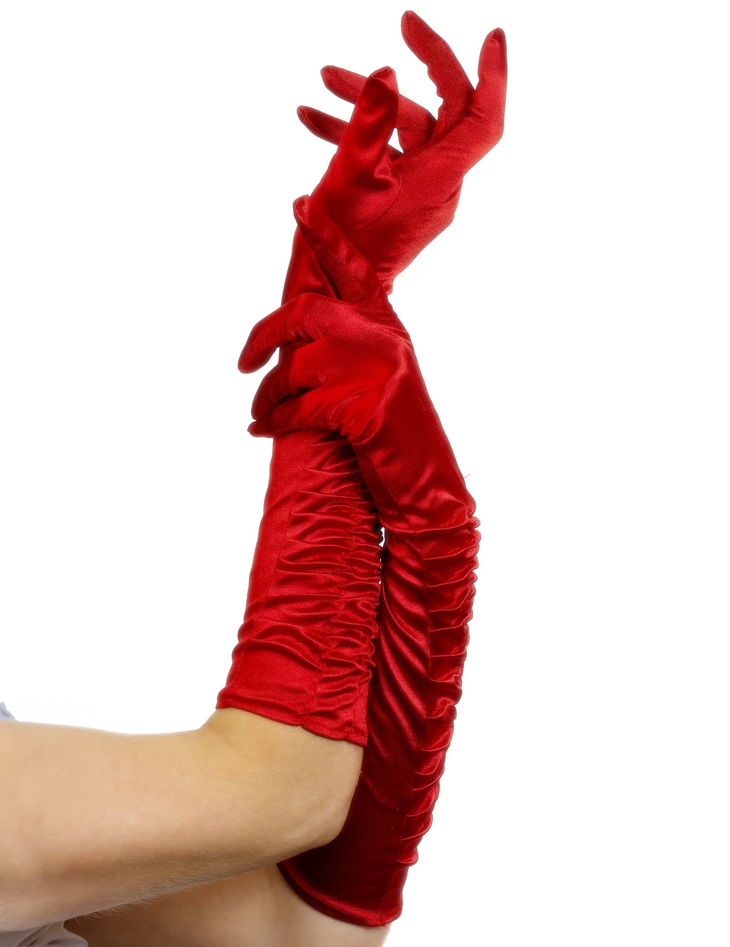 Dámské červené saténové rukavice střední délky se záhyby