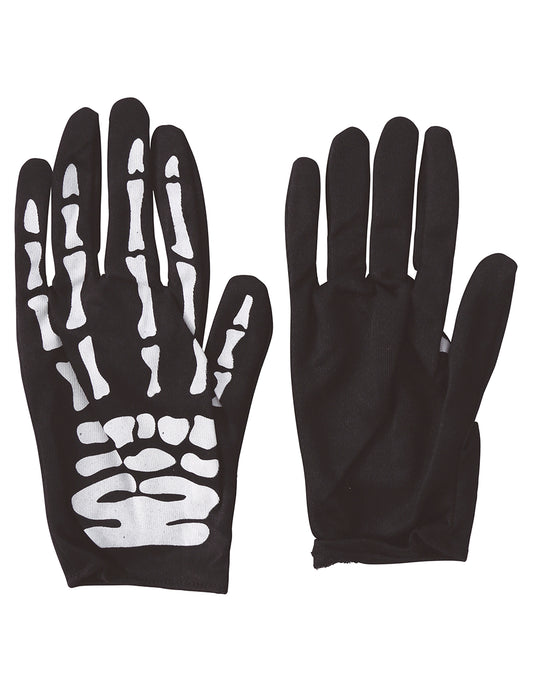 Vue de face et de dos des gants squelette pour enfant