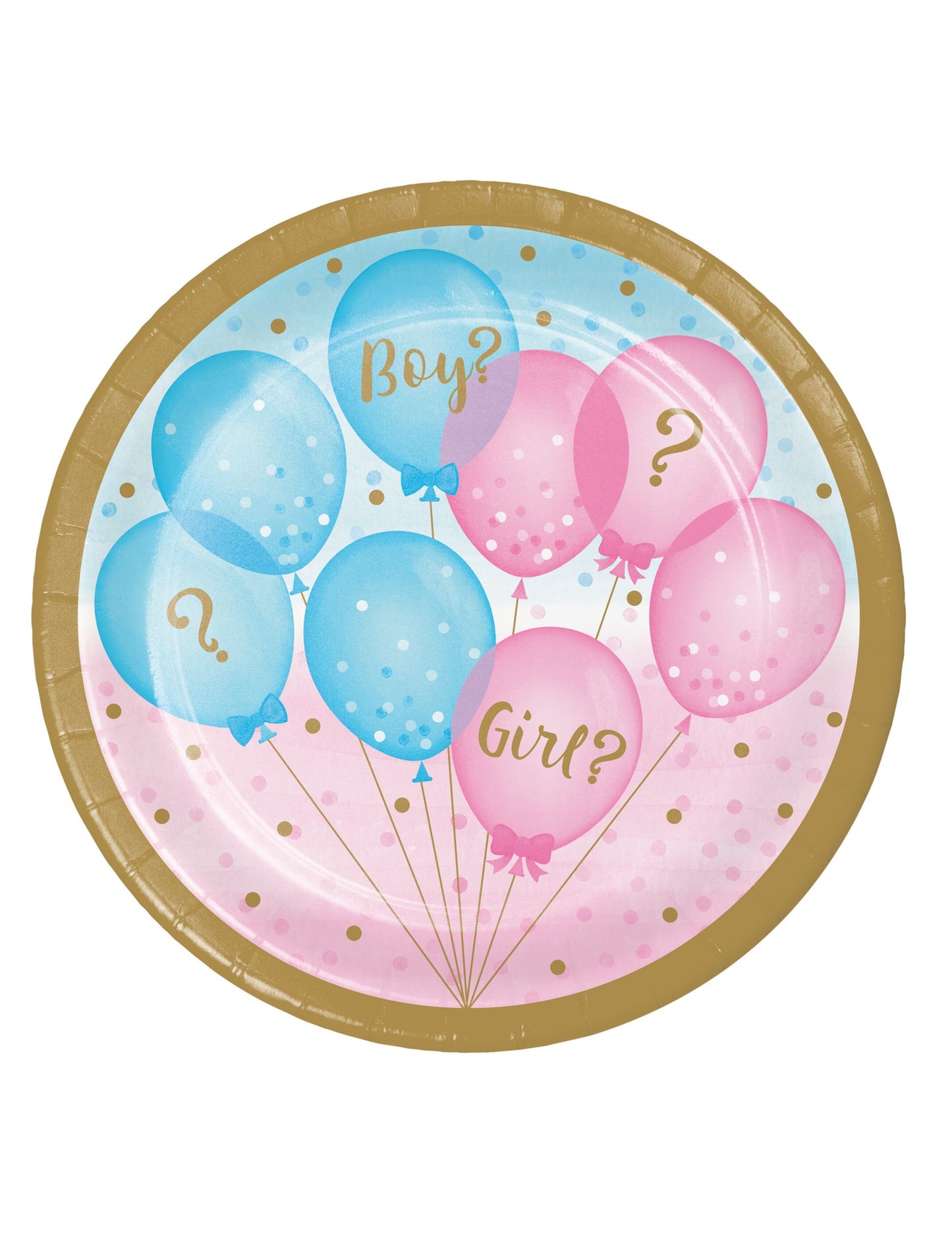 Assiettes en carton Gender reveal pour fête de naissance roses et bleues à bords dorés