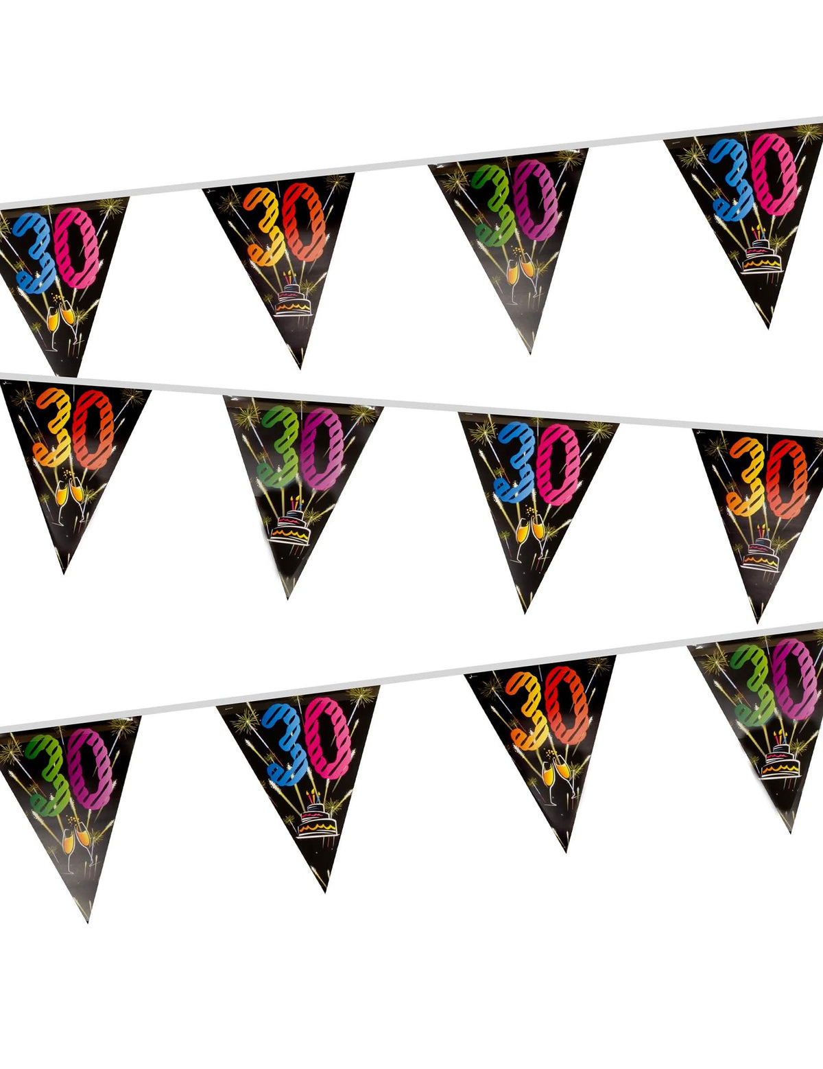 Girlanda 20 plastových vlaječek 30 let ohňostroje na narozeniny černá a vícebarevné 7 m