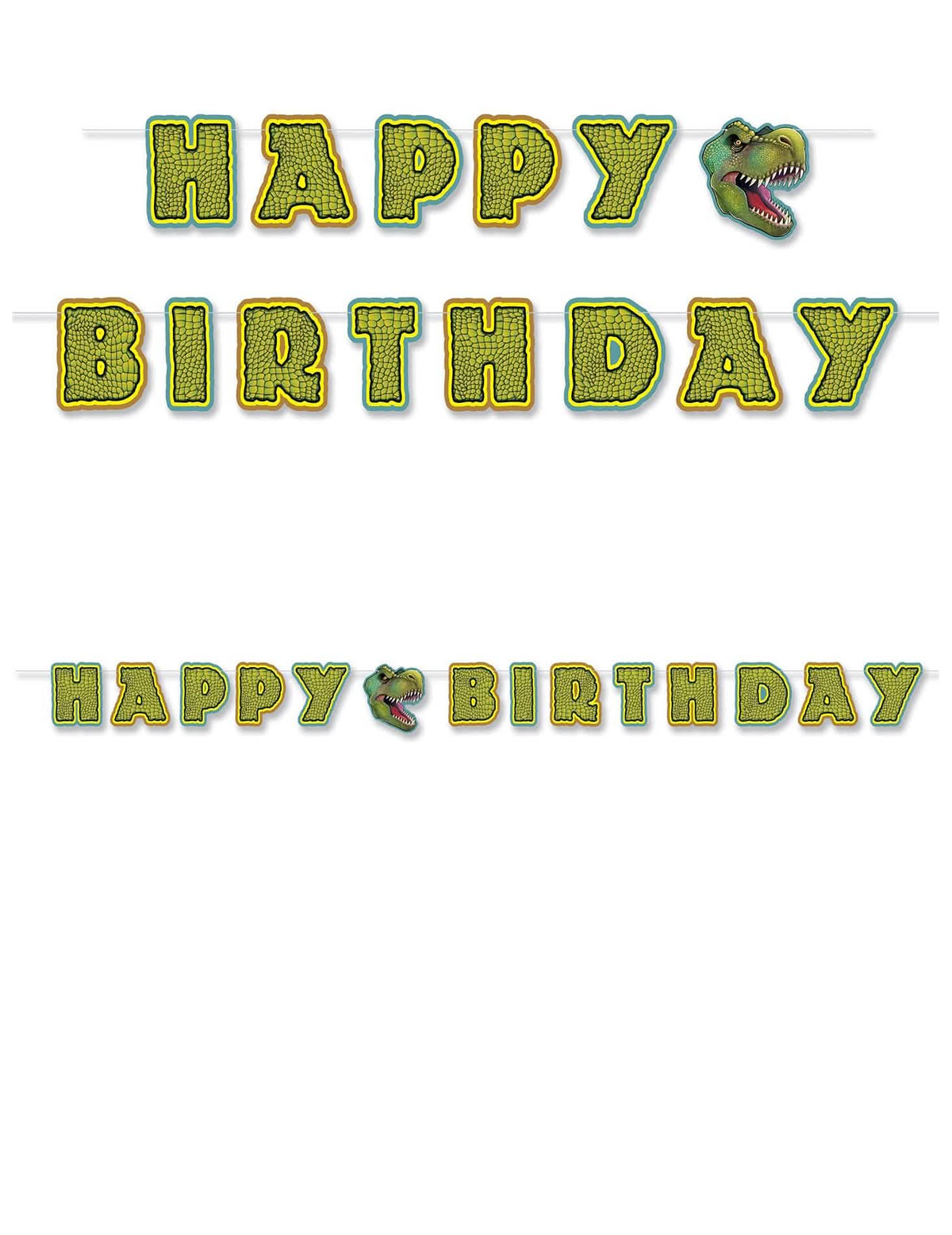 Girlanda k sestavení Happy Birthday s motivem dinosaurů zelená a žlutá s hlavou T-Rexe