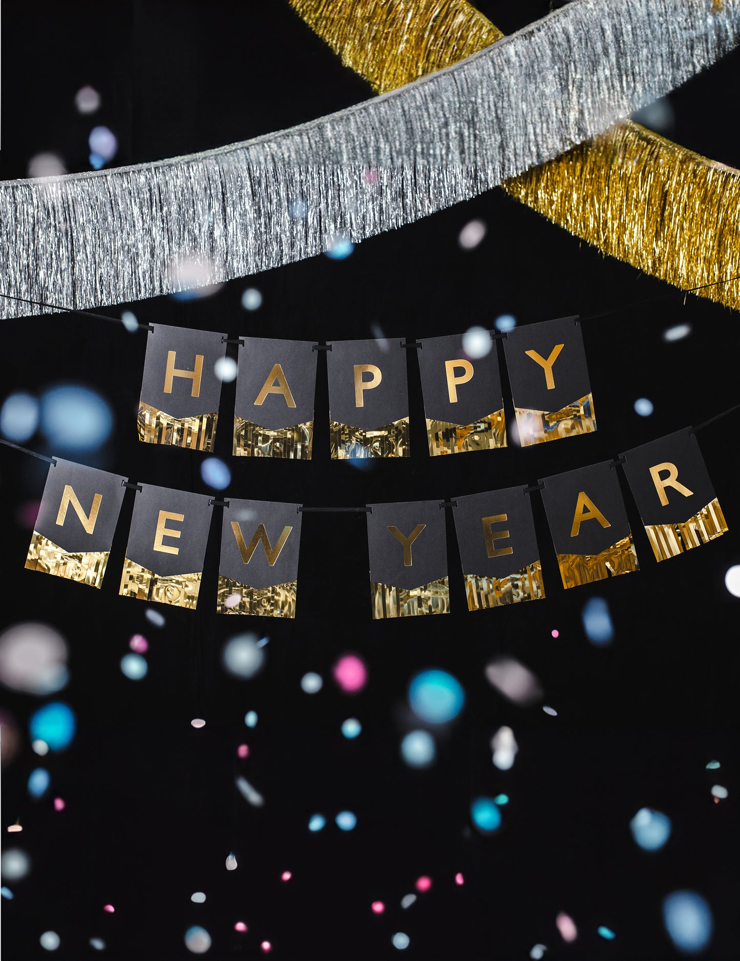 Šťastný nový rok, černo-zlatá girlanda s girlandami 135 cm