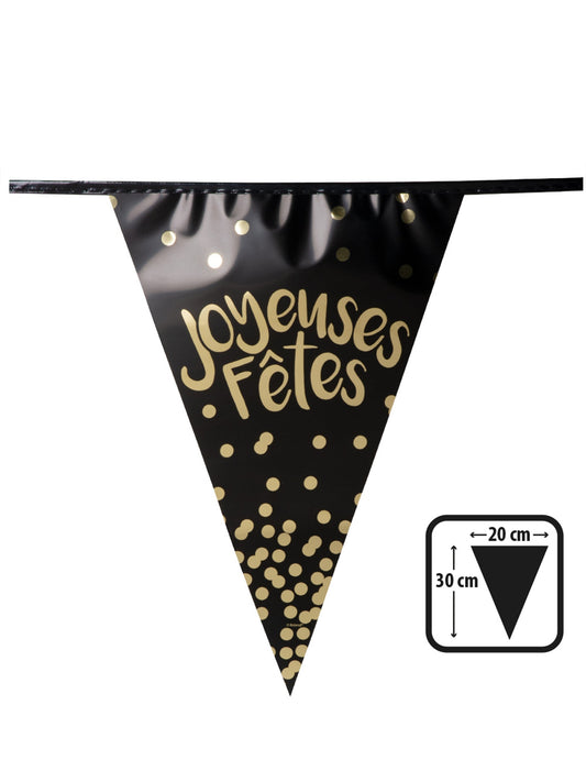 Détail d'un fanion et dimensions de la guirlande à fanions joyeuses fêtes noire et dorée métallisée