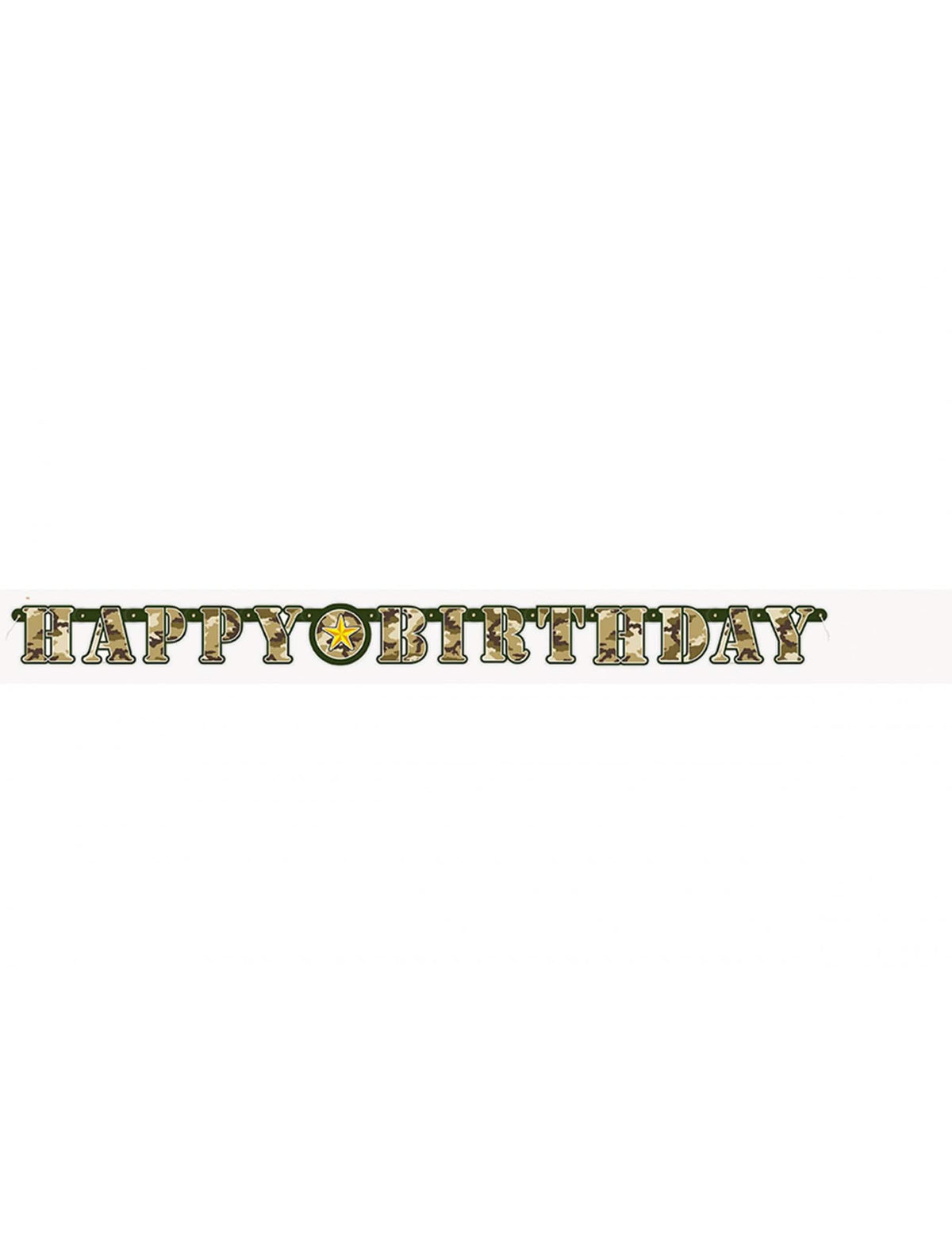 Pohled zepředu na pohyblivou girlandu Happy Birthday vojenskou