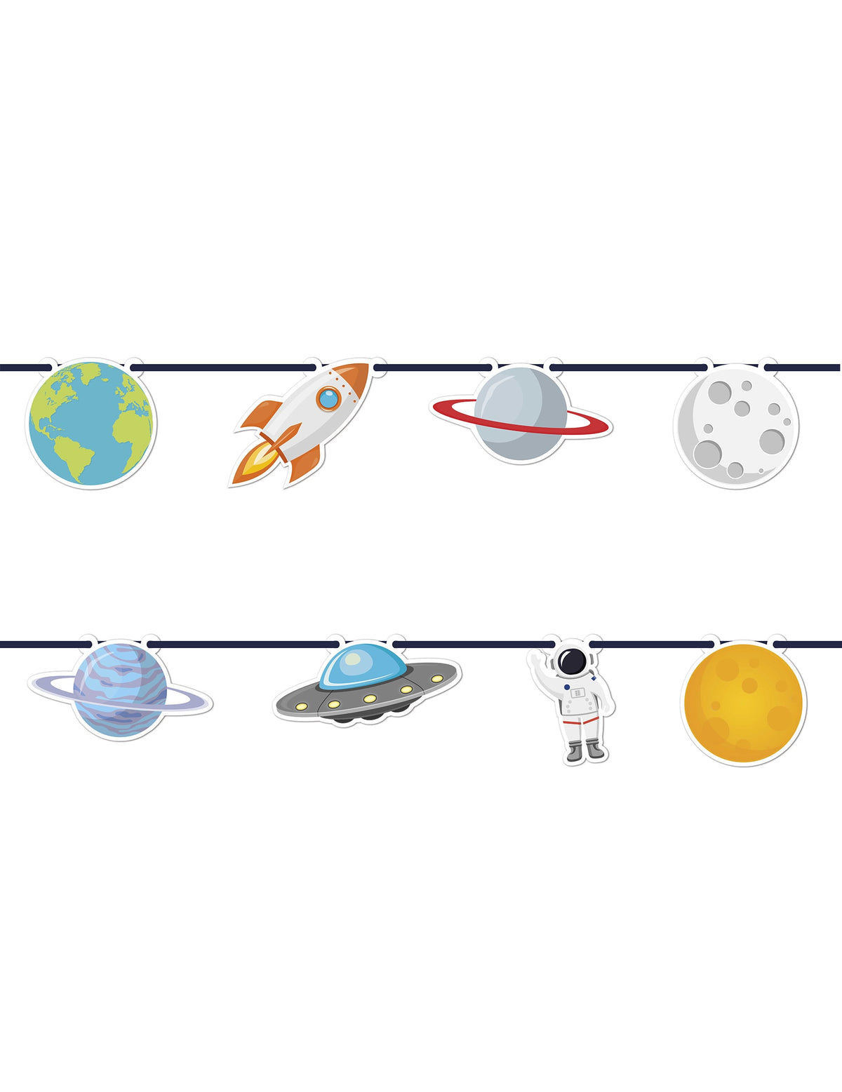 Kartonová girlanda s vesmírným motivem pro oslavu, vícebarevné s planetami, raketou a astronauti