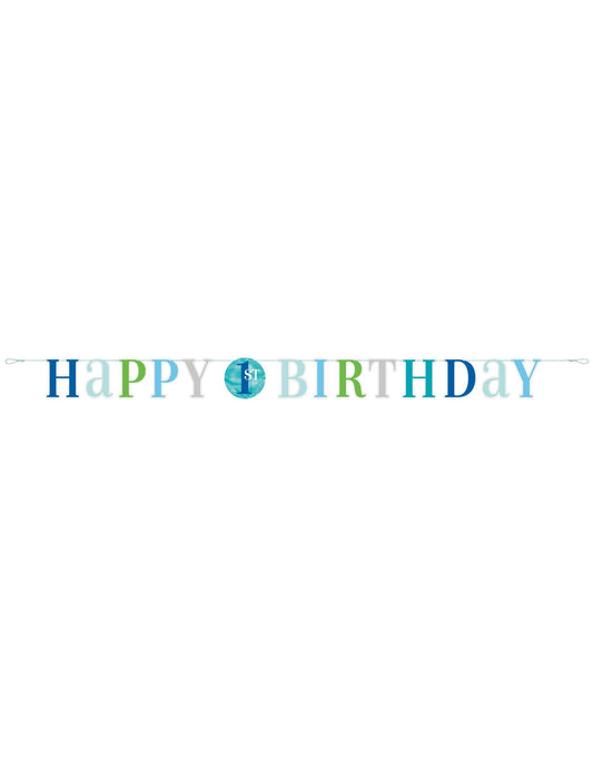 Vue d'ensemble de la guirlande en carton happy 1st birthday pour garçon bleue