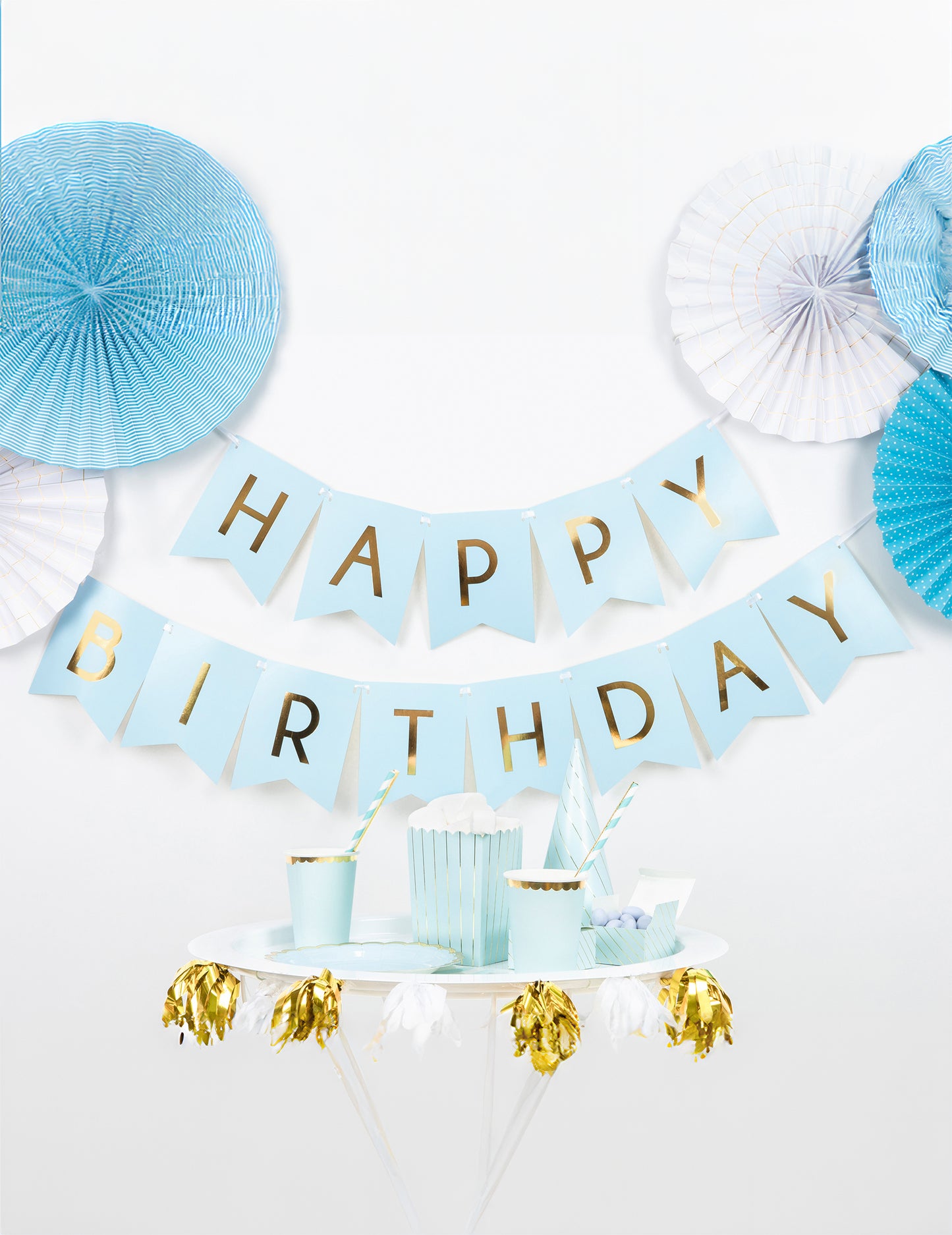 Modrá a kovová kartonová girlanda k narozeninám 15 x 175 cm zlatá