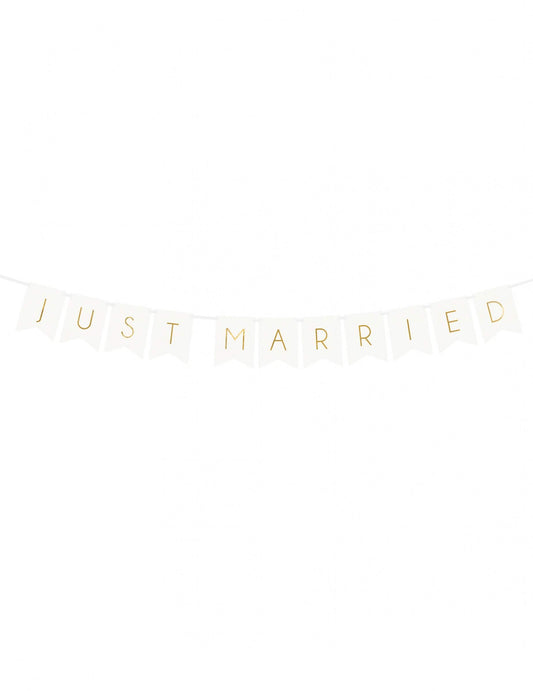 Vue de face de la guirlande en carton just married pour mariage