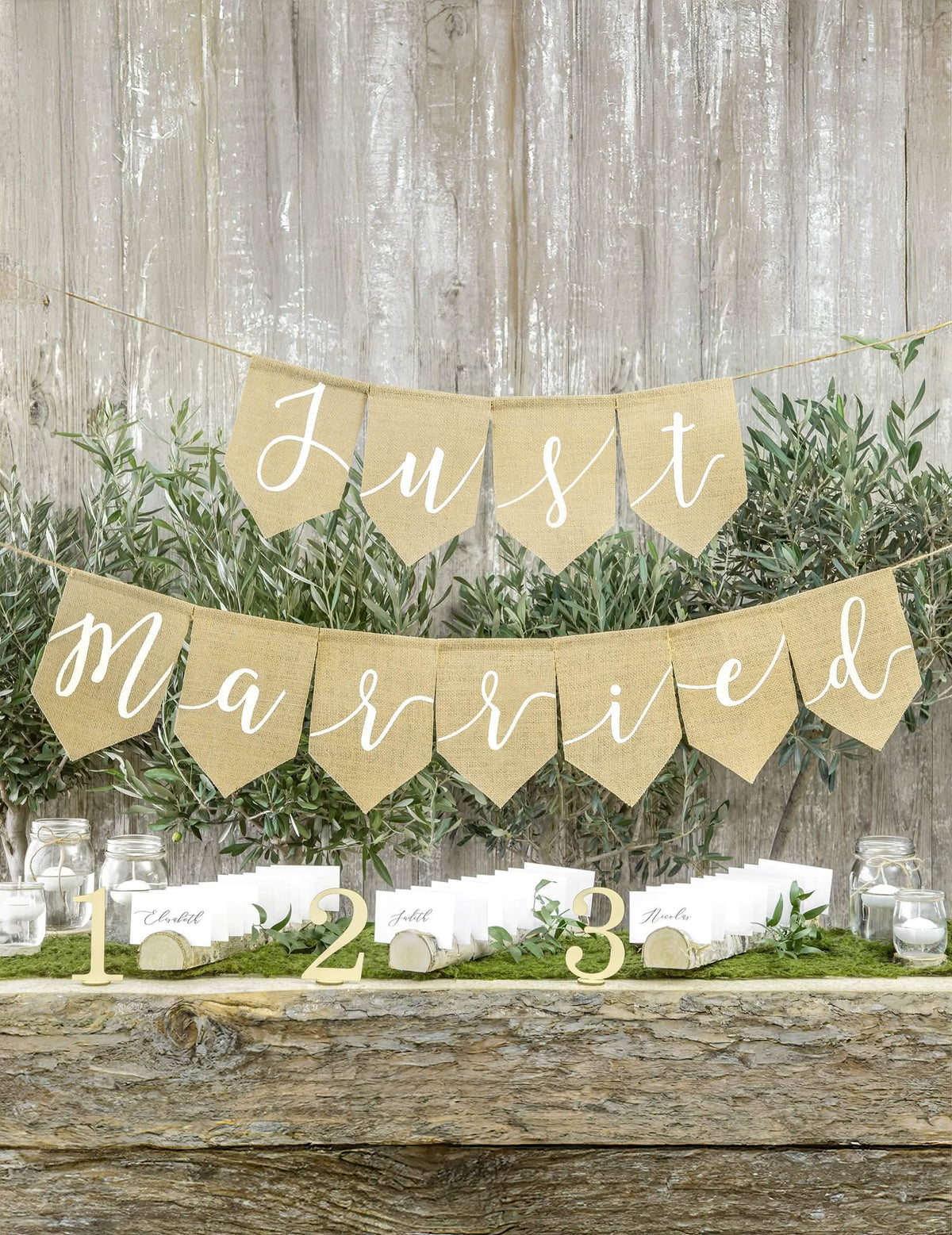 Stylizovaná ukázka girlandy Just Married na svatbu