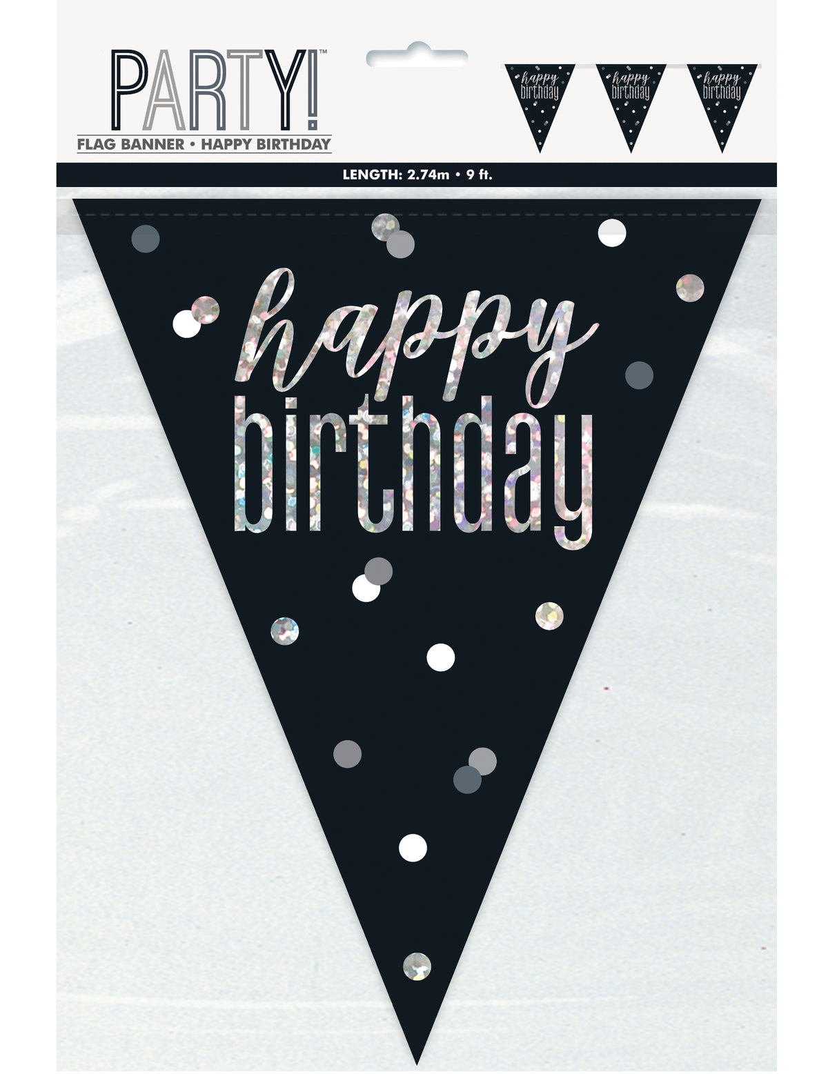 Girlanda s praporky Happy Birthday k narozeninám černá a šedá se stříbrnou potiskem