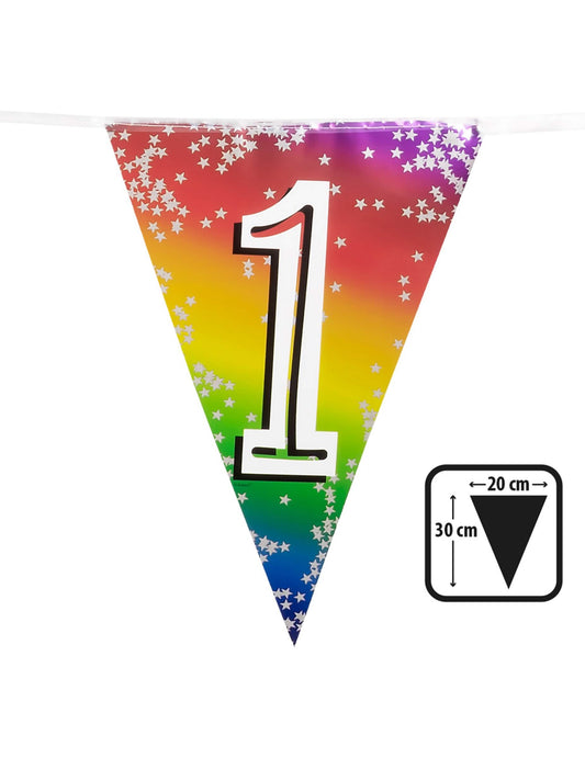 Dimensions d'un fanion de la guirlande de fanions métalliques anniversaire pour fête chiffre 1 arc-en-ciel