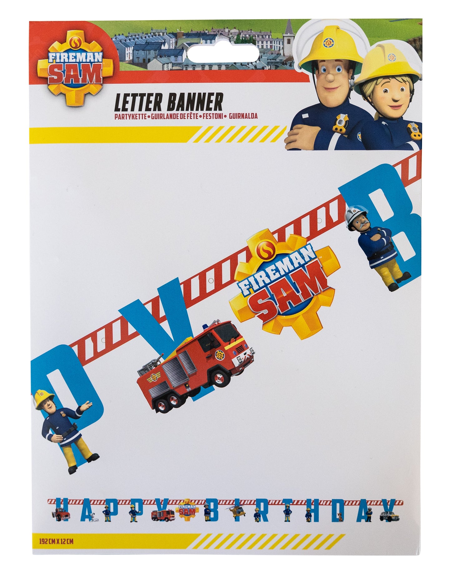 Vue de l'emballage de la guirlande Happy Birthday Sam le Pompier