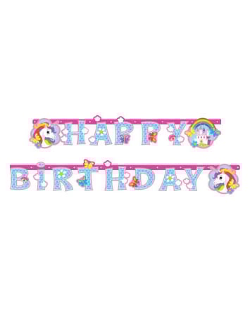 Guirlande Happy Birthday Licorne rose et bleue avec arc-en-ciel