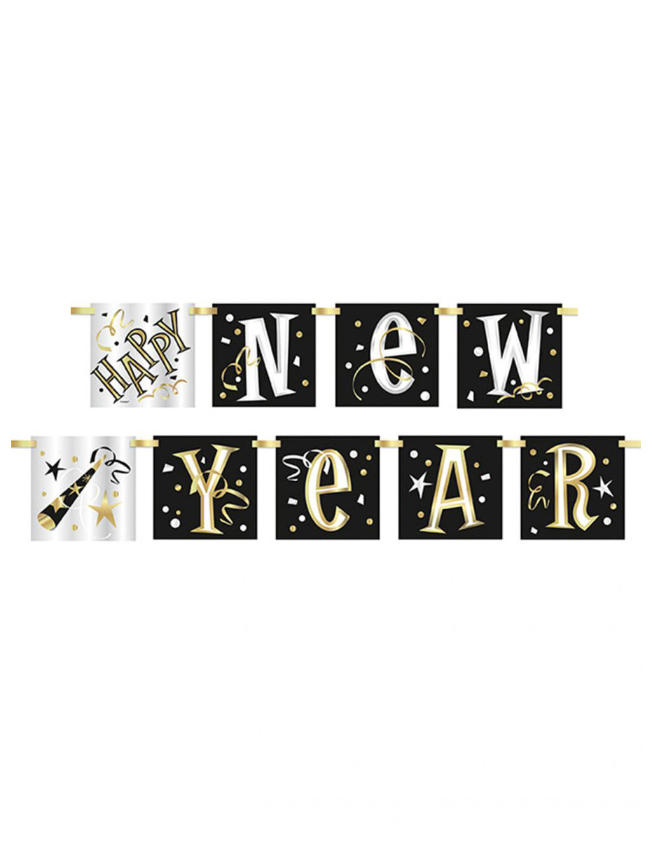 Guirlande en carton Happy New Year pour fête noir blanc et or
