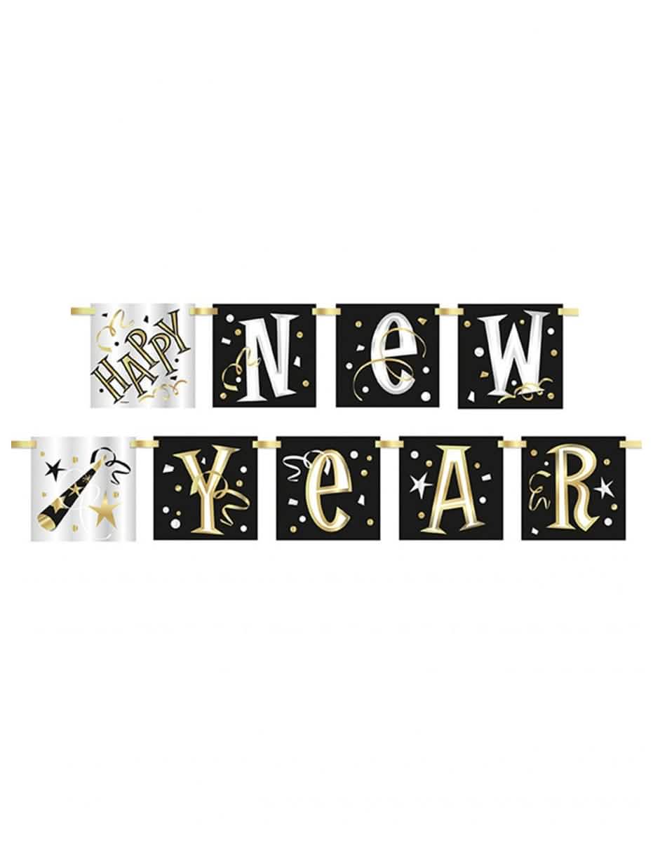 Girlanda z kartonu Happy New Year na oslavu bílá, černá a zlatá