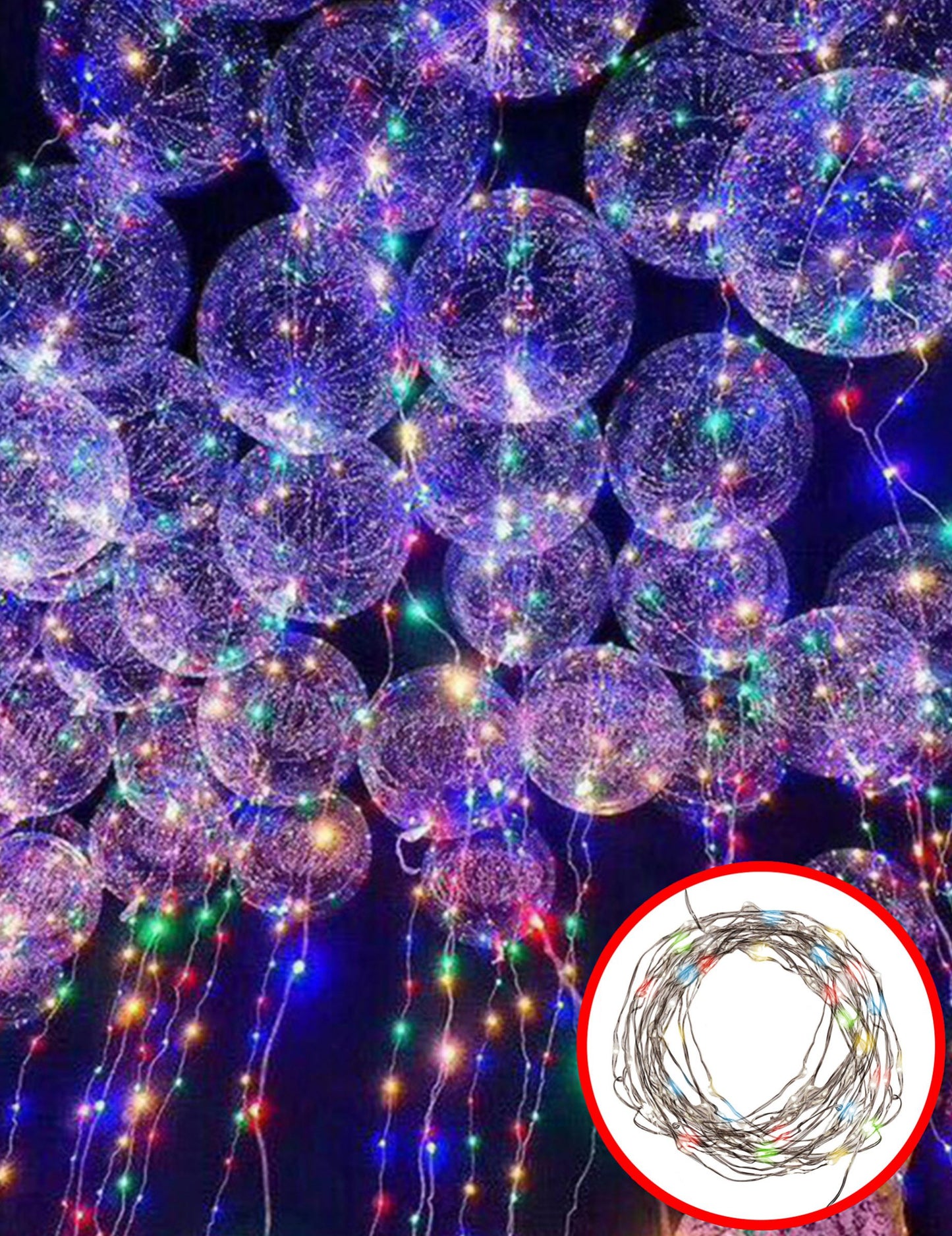 Mise en situation sur ballons de la guirlande lumineuse multicolore pour décoration