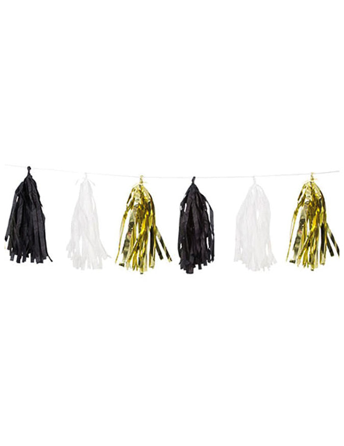 Guirlande de 15 tassels pour décoration de fête dorée noire et blanche