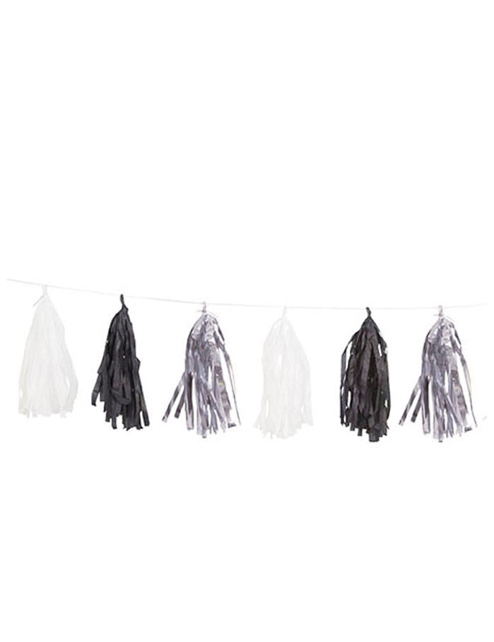 Guirlande tassel 15 pompons pour décoration de fête argent noir et blanc