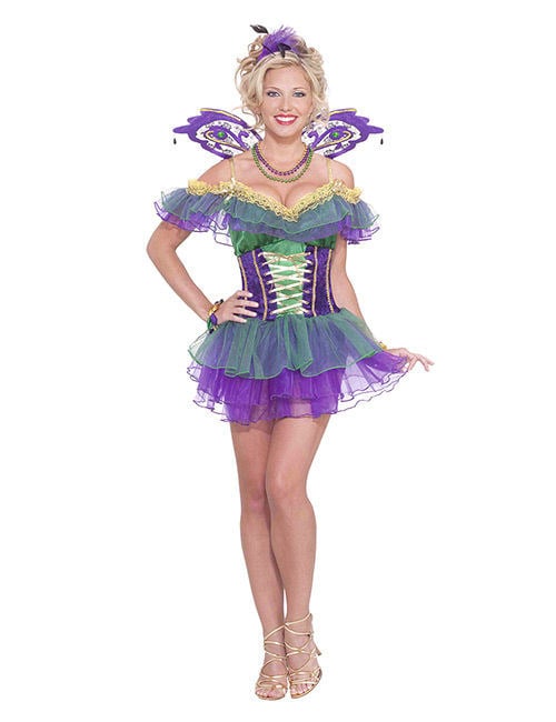 Déguisement de fée arlequin féerique pour femme violet et vert