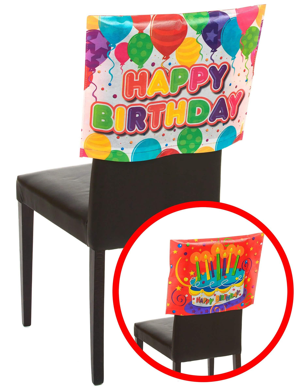 Pohled na přední a zadní stranu potahu na židli Happy Birthday