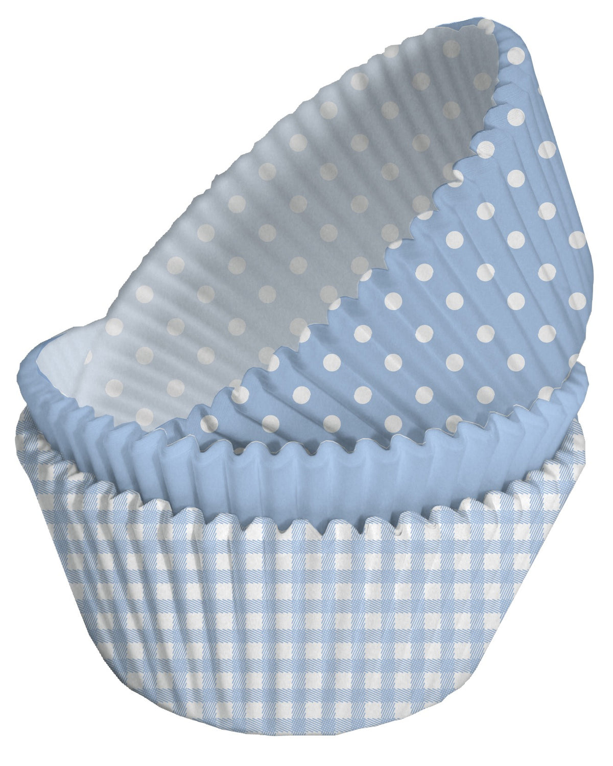 Papírové košíčky na cupcakes pro baby shower s modrými a bílými puntíky