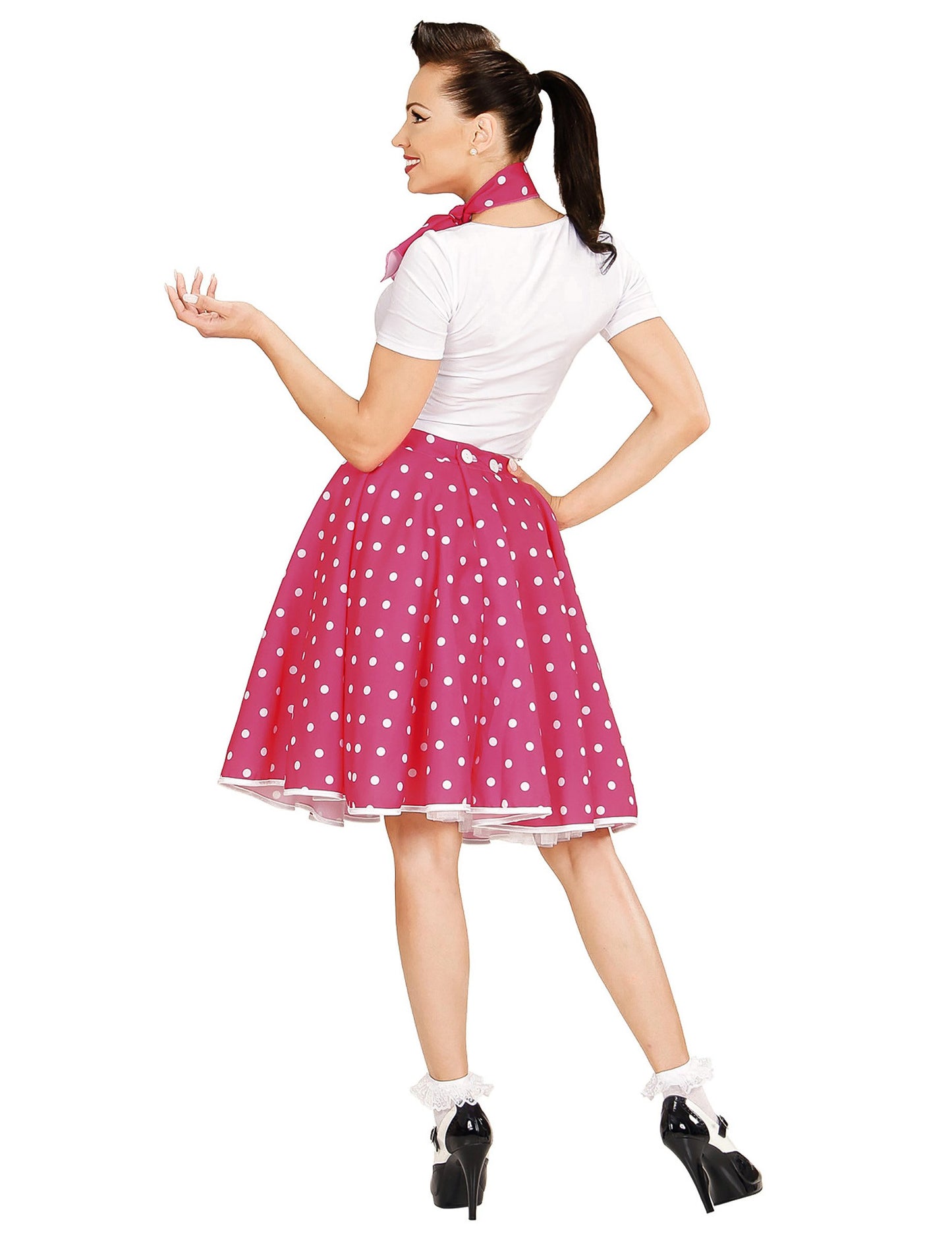 Dámská růžová puntíkovaná sukně a šátek ve stylu 50. let