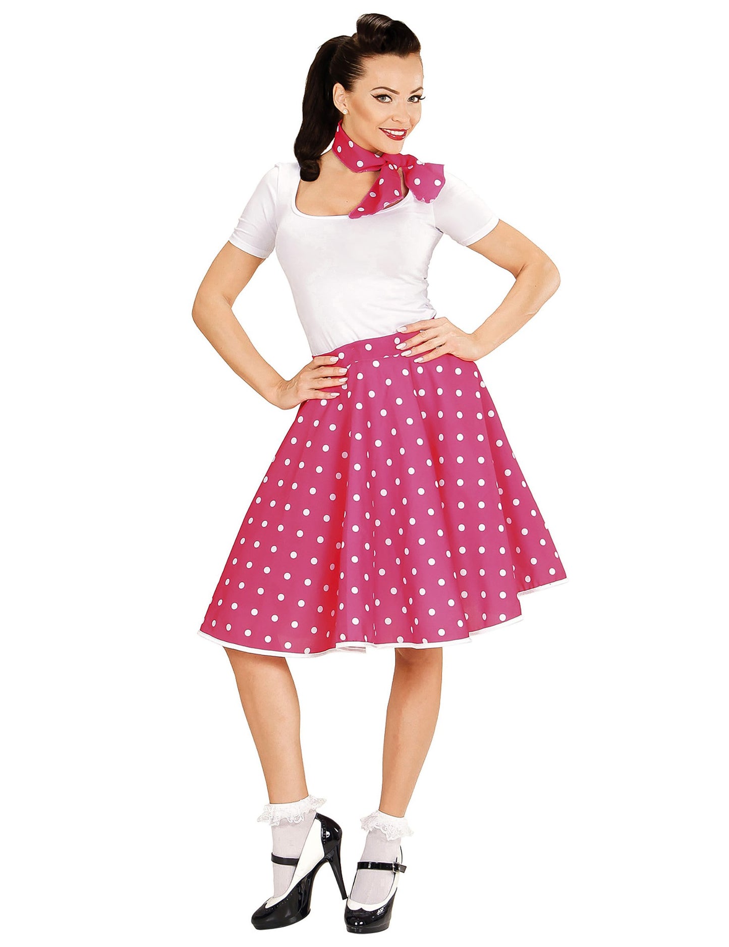 Dámská růžová puntíkovaná sukně a šátek ve stylu 50. let